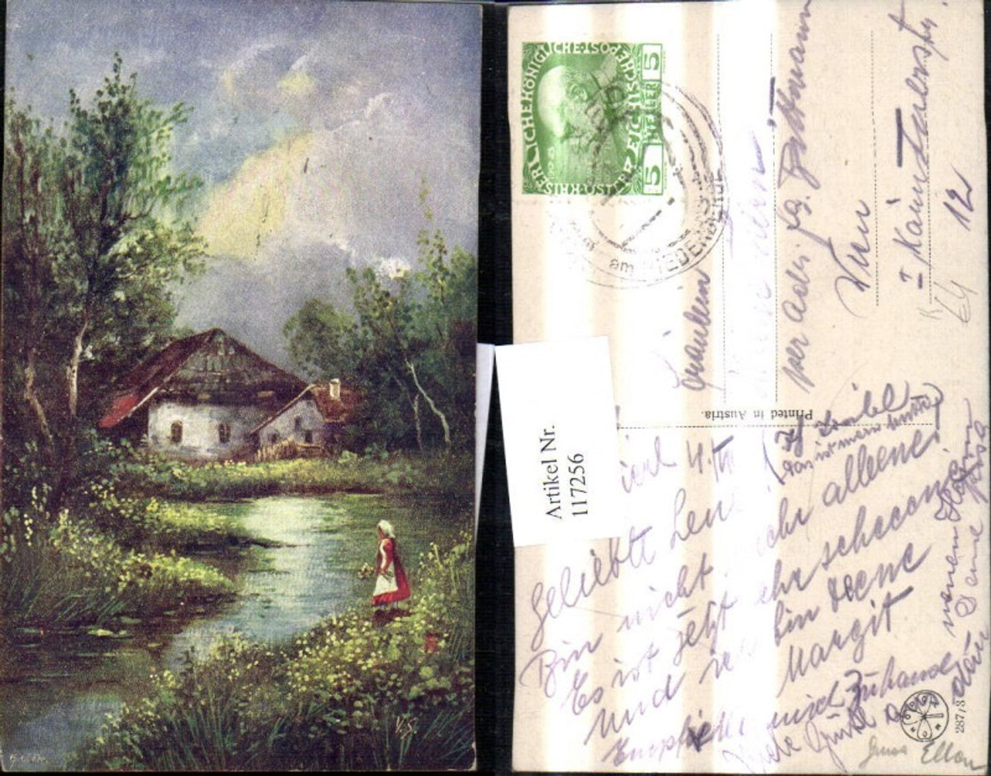 117256,Künstler Ak Mädchen a. Fluss Haus Landschaft