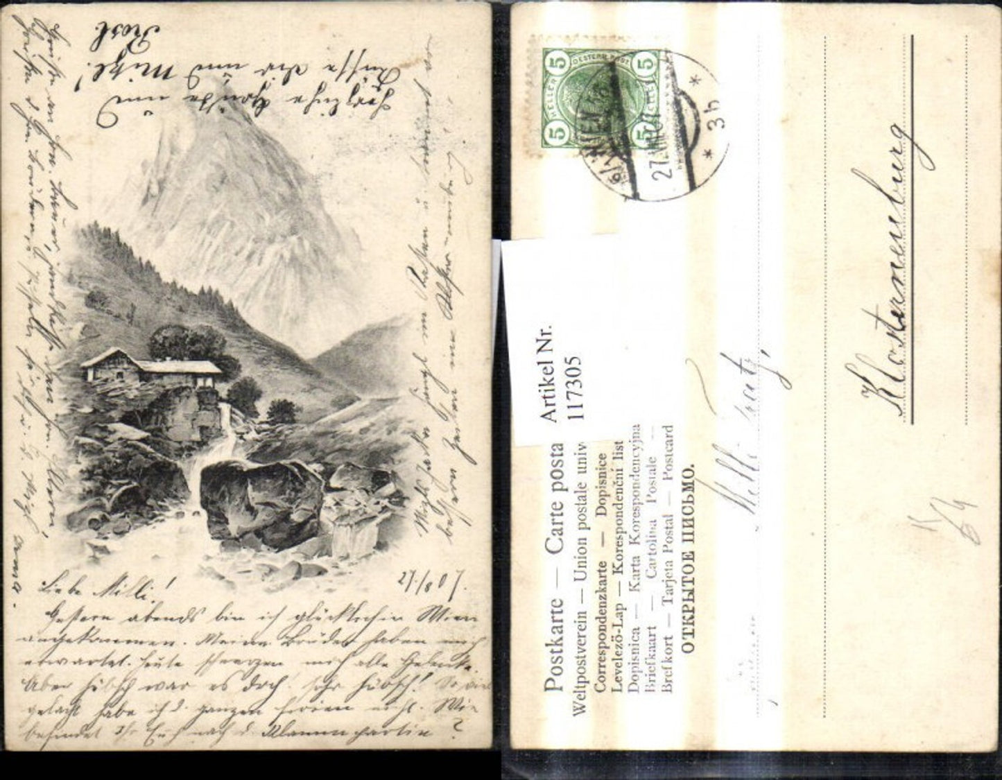 117305,Künstler Ak Hütte Wasserfall Landschaft Bergkulisse