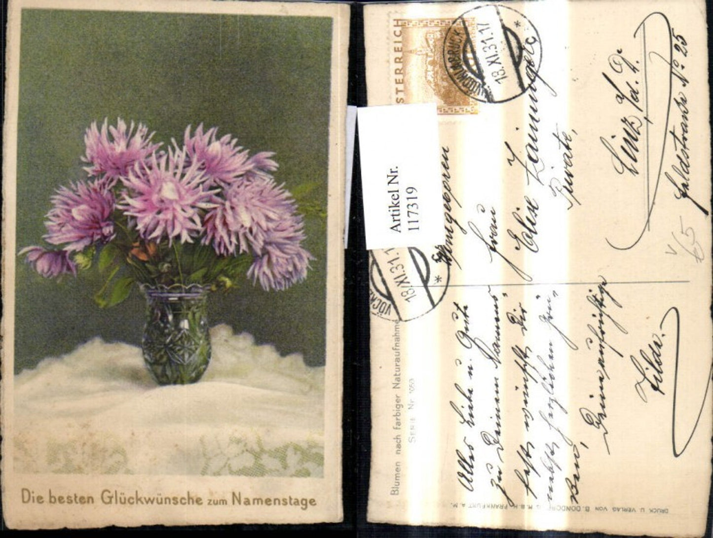 117319,Künstler Ak Blumenvase Vase Blumen Namenstag pub B. Dondorf 1059