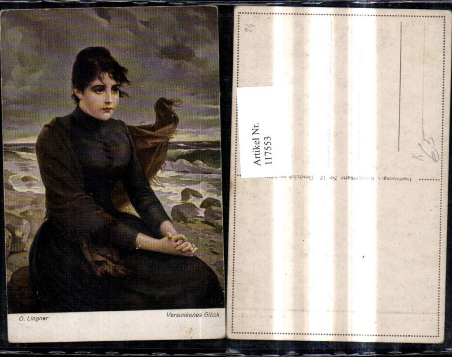 117553,Künstler Ak O. Lingner Versunkenes Glück Frau schwarzes Kleid Strand Witwe