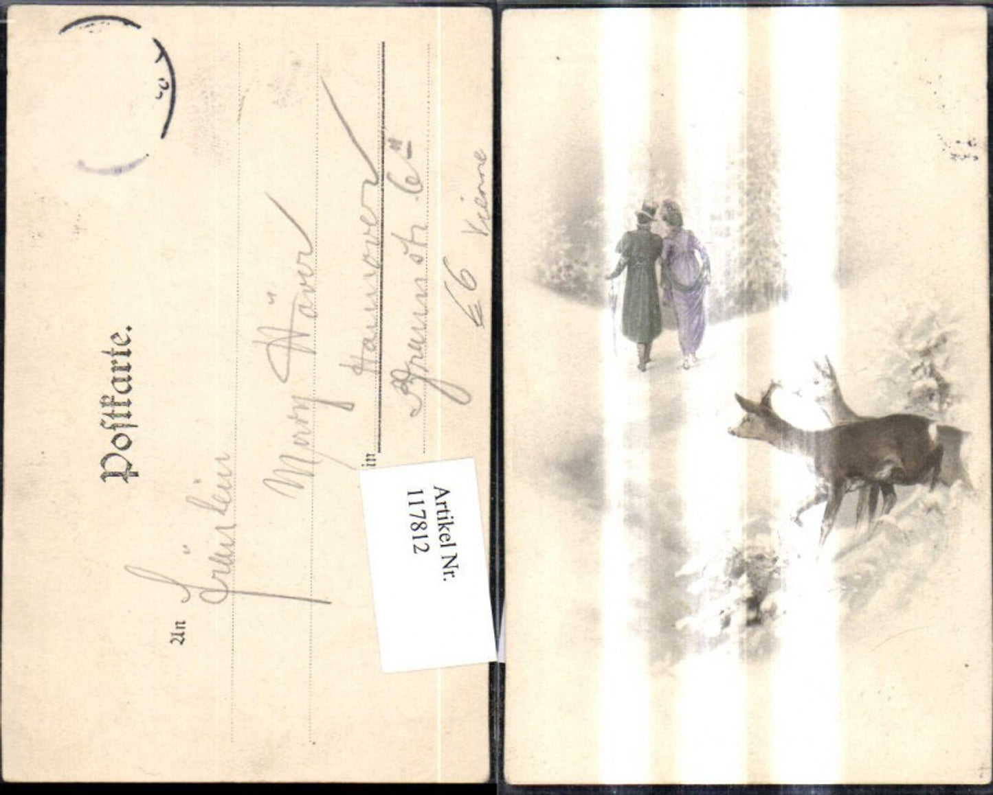 117812,Künstler Ak Liebespaar spaziert d. Winterwald Rehe Wild