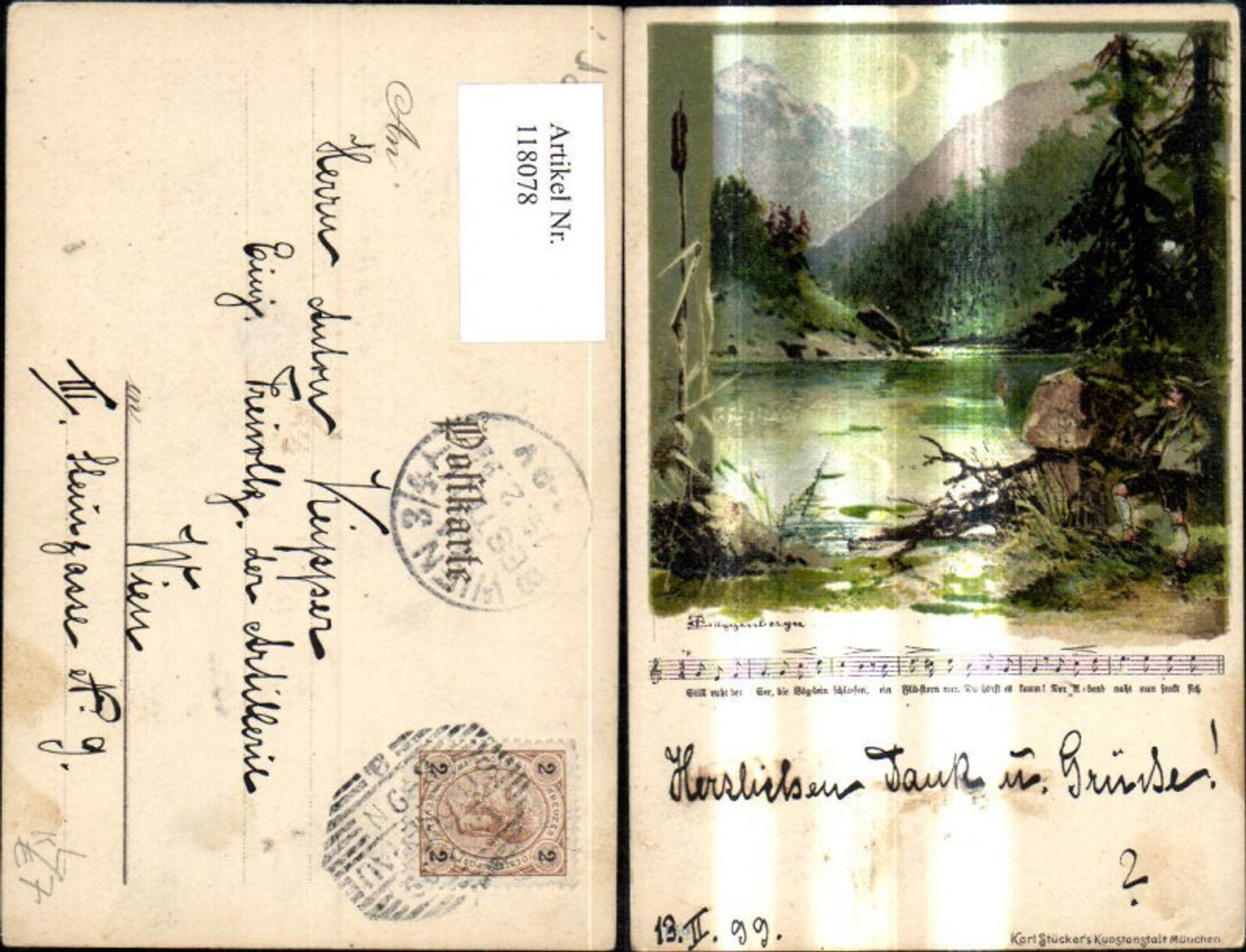 118078,Künstler Litho T. Guggenberger See Landschaft Notenzeile Liedkarte Text