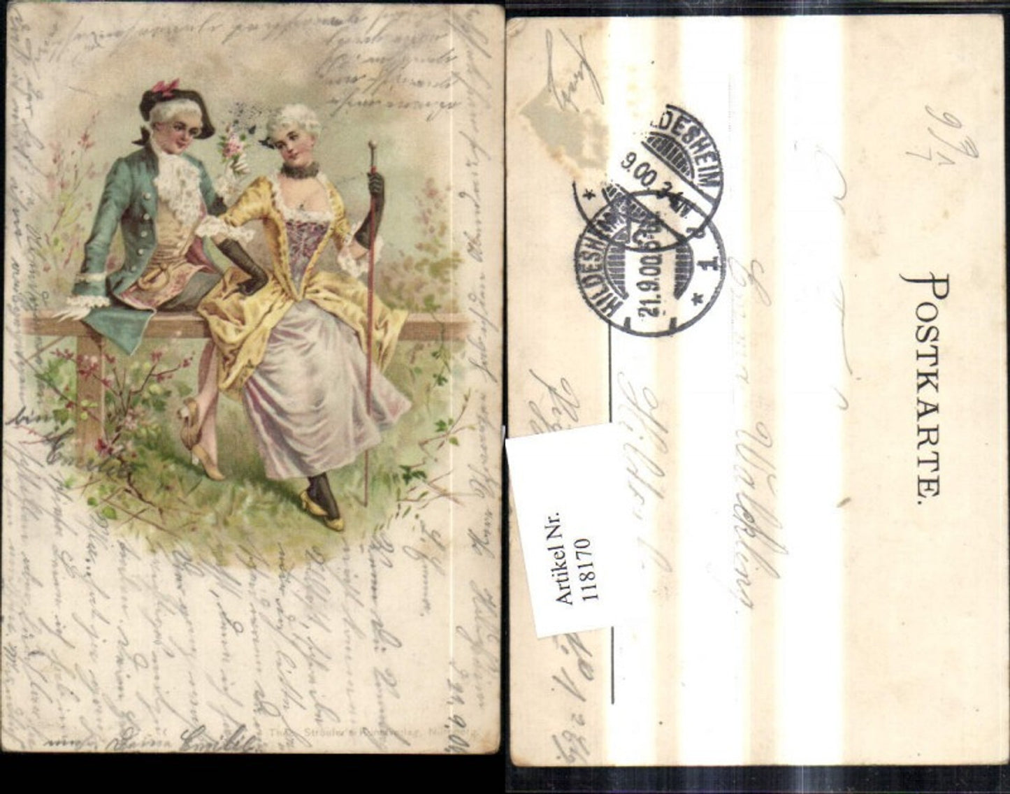 118170,Theo Stroefer Verlag Litho Liebespaar Barockstil b. Zaun