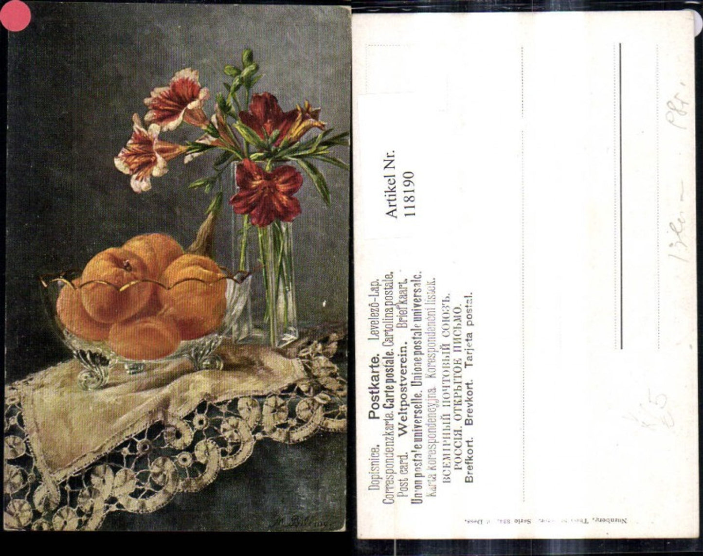 118190,Theo Stroefer Verlag 334 Künstler M. Billing Stillleben Orangen i. Glasschale Blumenvase Lilien