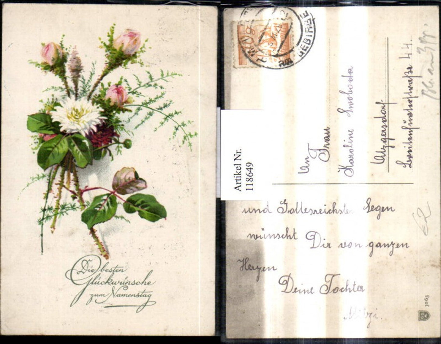 118649,Künstler Ak Blumenstrauß Rosen Glückwunsch Namenstag