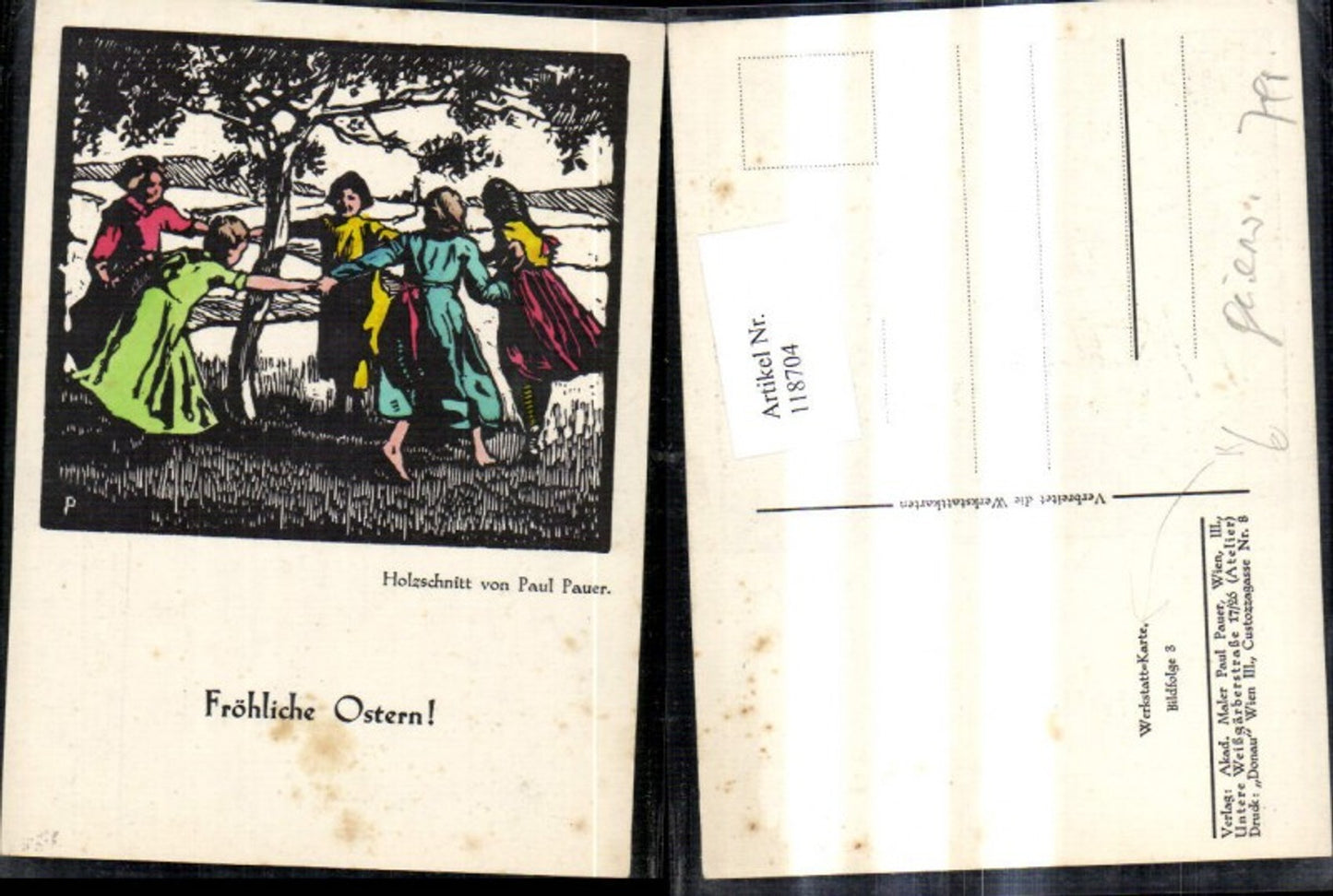 118704, Artist Ak Paul Pauer Workshop Card 3 Children dancing under a tree Easter Ring dance