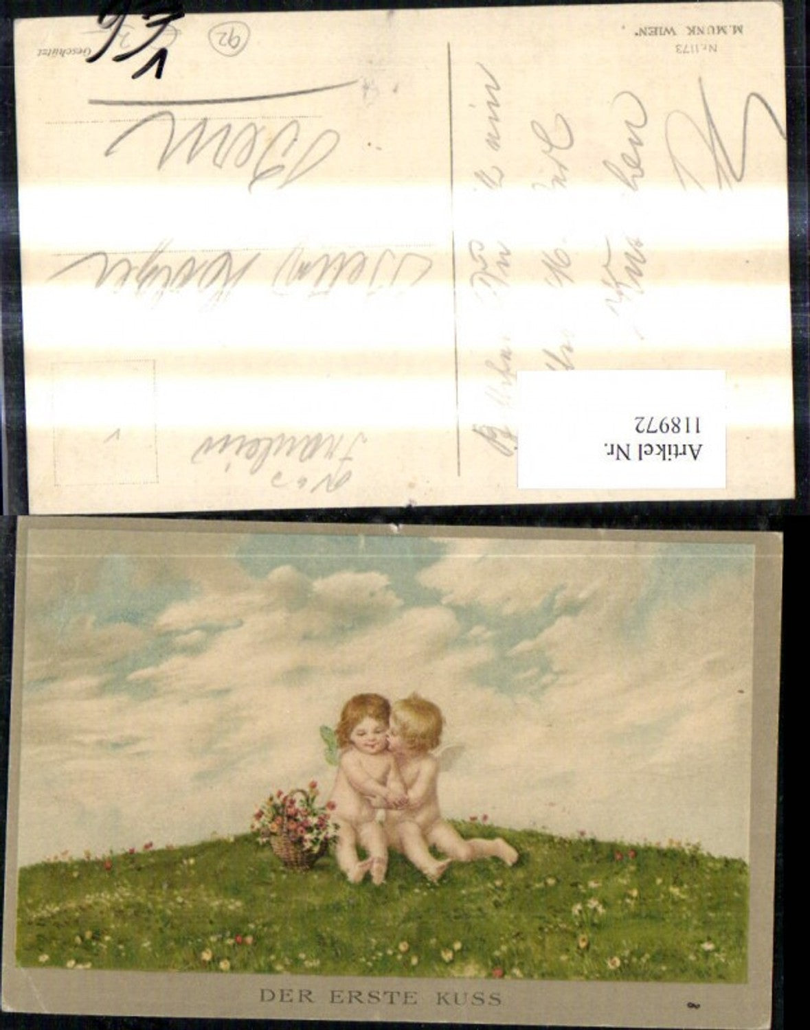 118972,M. Munk Vienne 1173 Engel Der erste Kuss Korb Blumen Blumenwiese