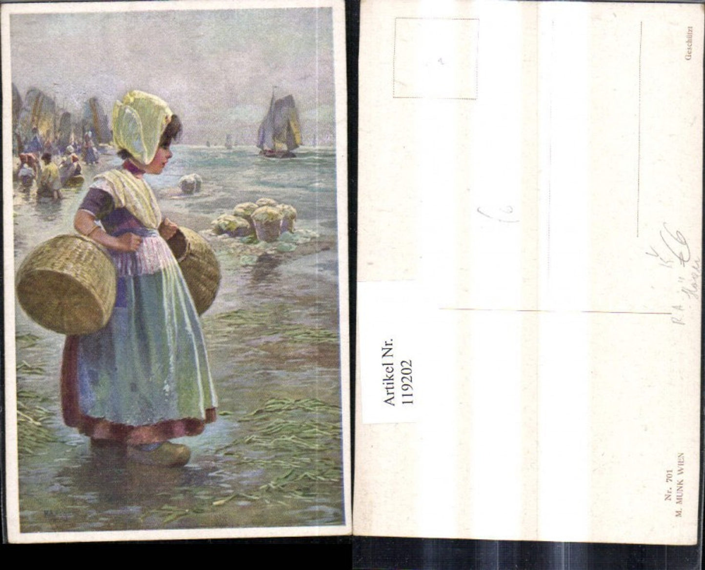 119202,M. Munk Vienne 701 R. A. Höger Mädchen m. Körbe Strand Segelschiff