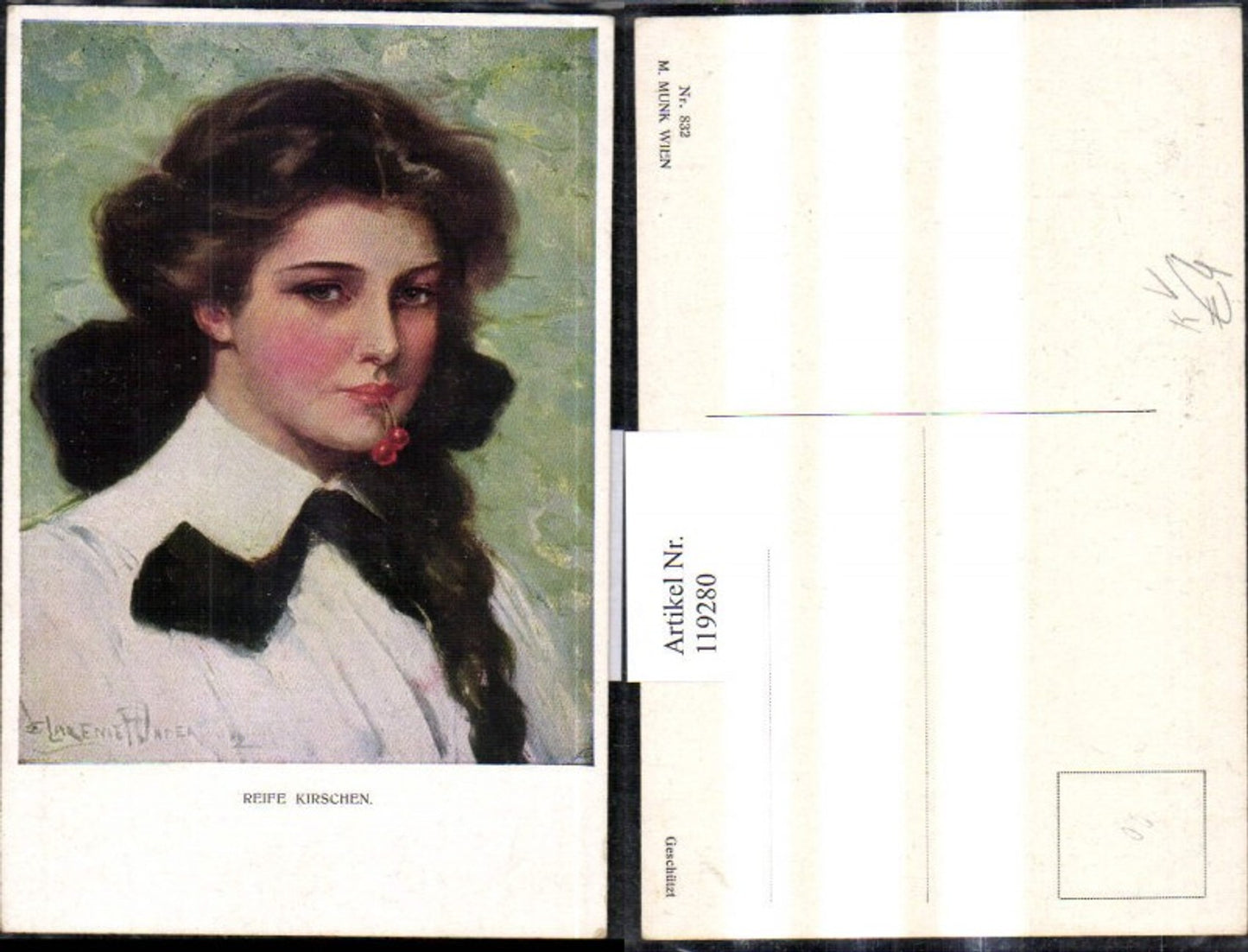 119280, M. Munk Vienna 832 Clarence F. Underwood Ripe Cherries Woman in Mouth