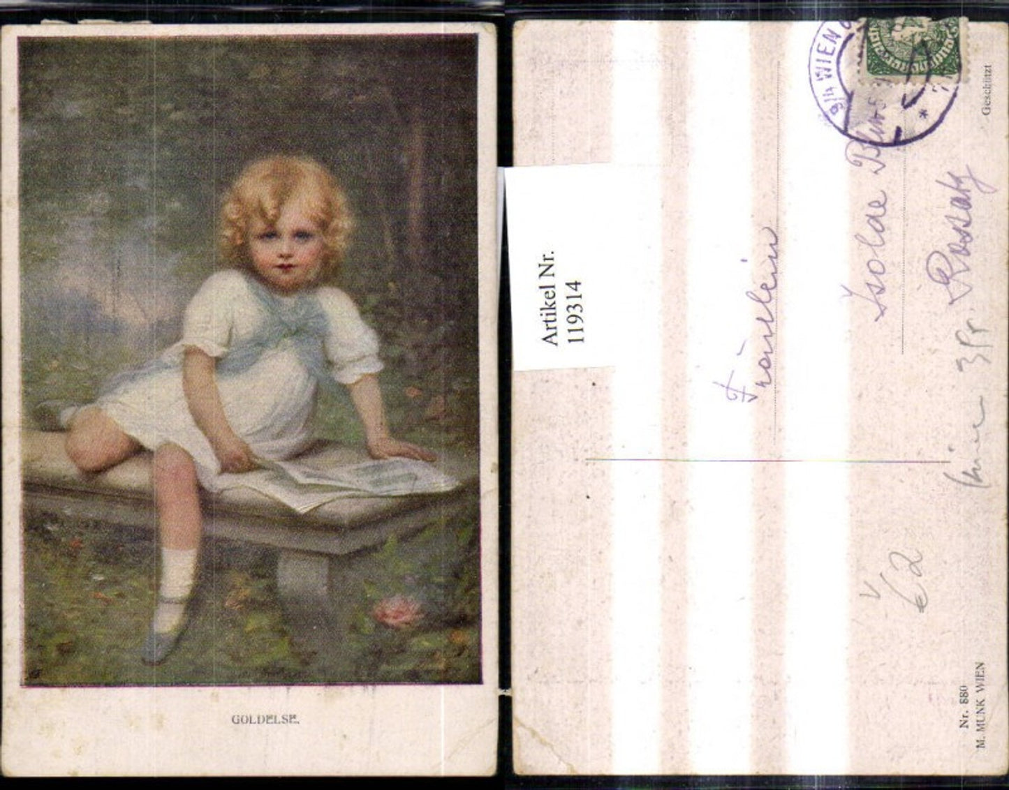119314,M. Munk Vienne 880 Eduard Cabane Goldelse Mädchen m. Buch a. Steinbank