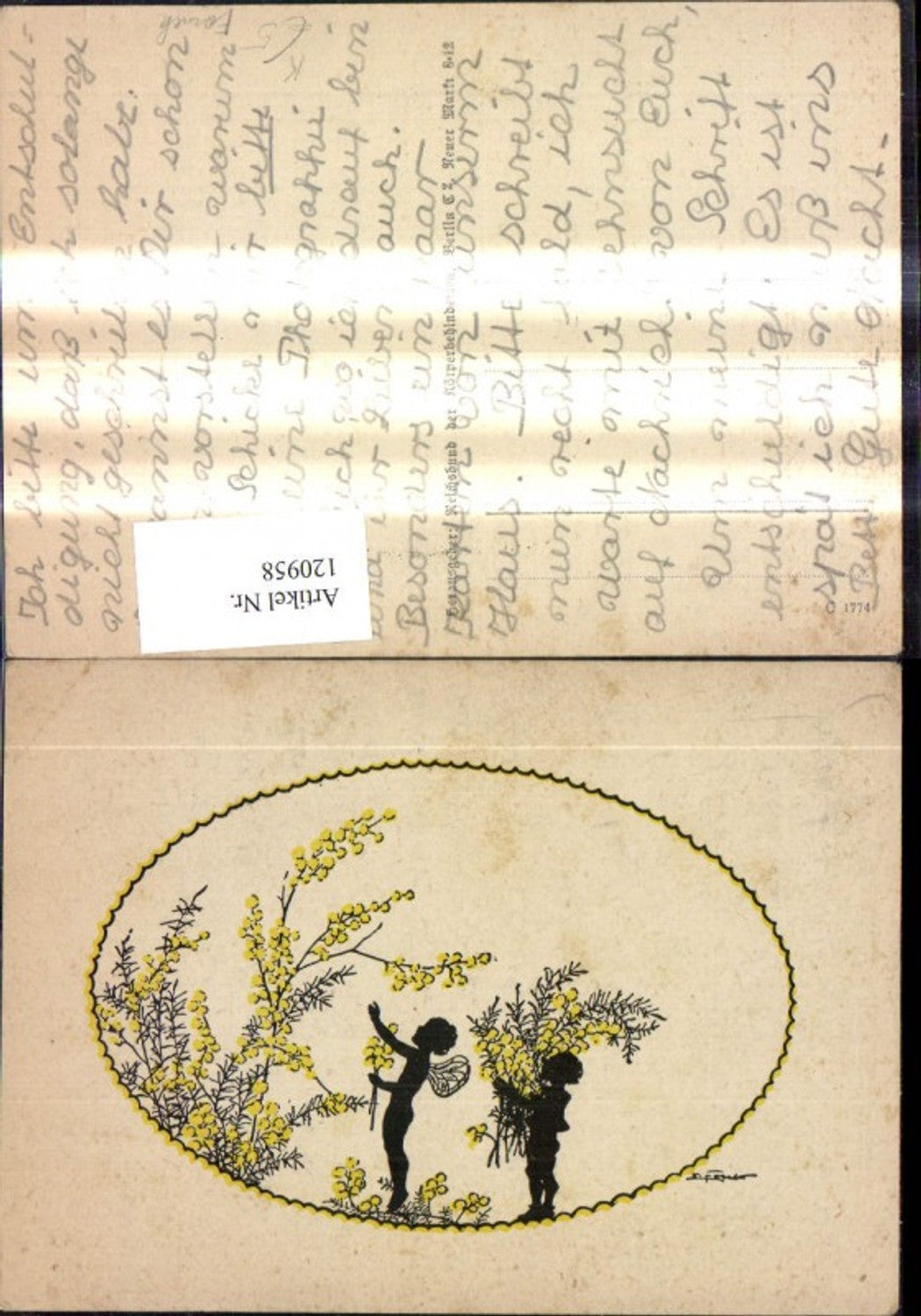 120958,Künstler Ak Elsbeth Forck Scherenschnitte Silhouette Fee Zwerg Blumen Strauch Strauß