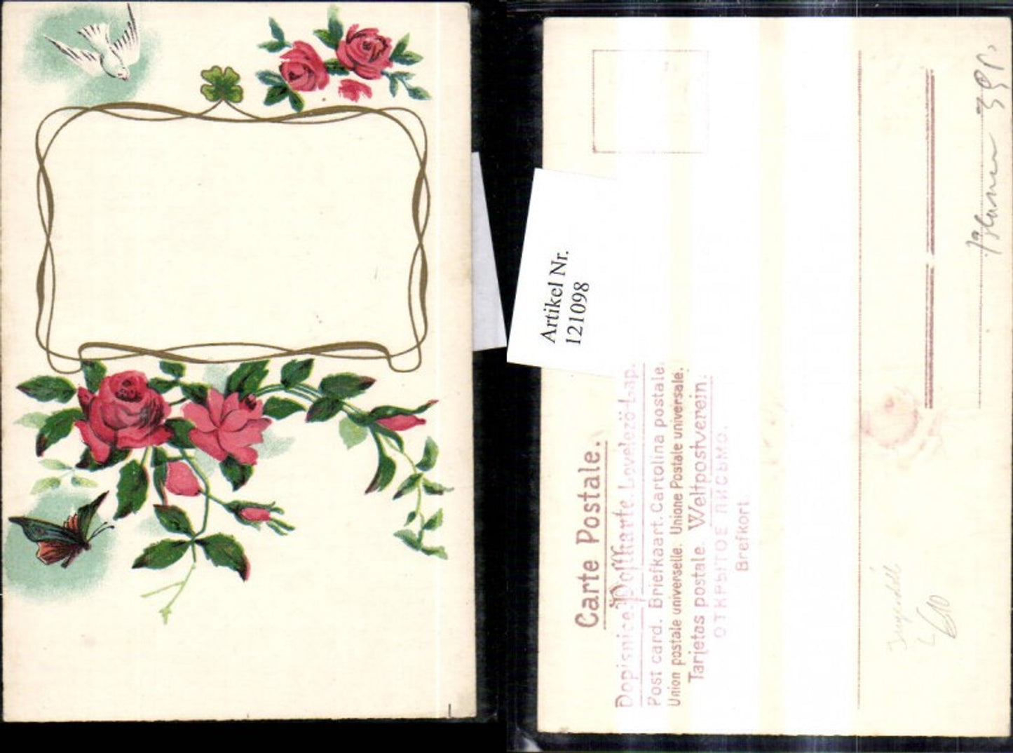 121098,Jugendstil Präge Litho Schmetterling Taube Rosen Kleeblatt Passepartout