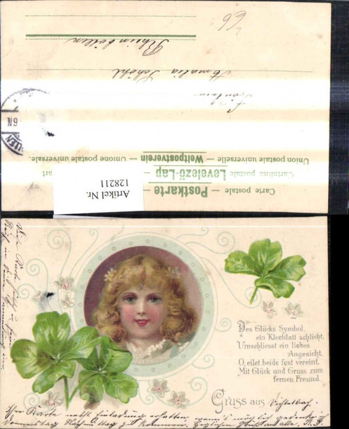 128211,Litho Kind Mädchen Portrait Passepartout Klee Kleeblatt Spruch Text