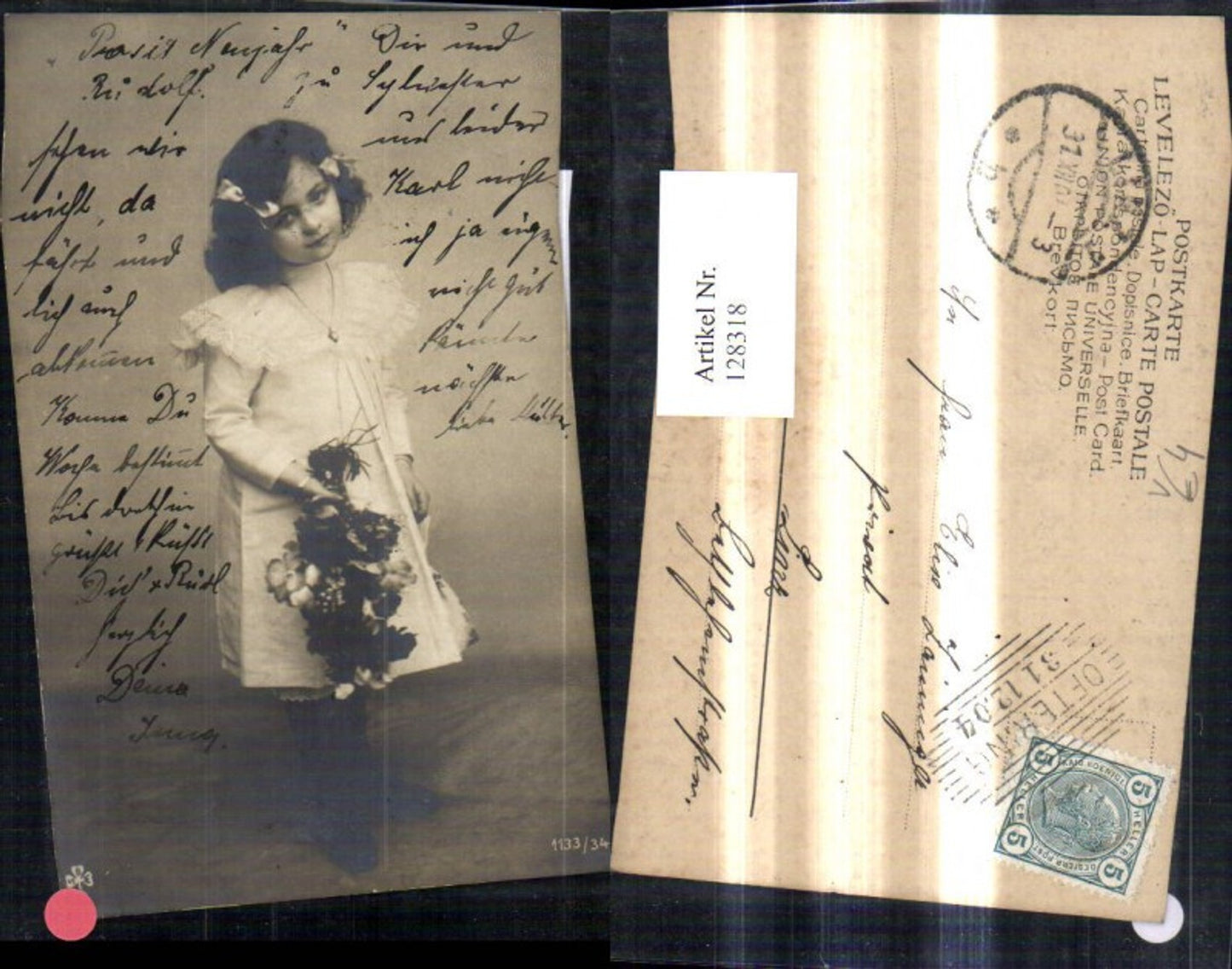 128318,Kind Mädchen i. Kleid Haarschleifen Blumen Strauß pub RPH SBW 1133/34