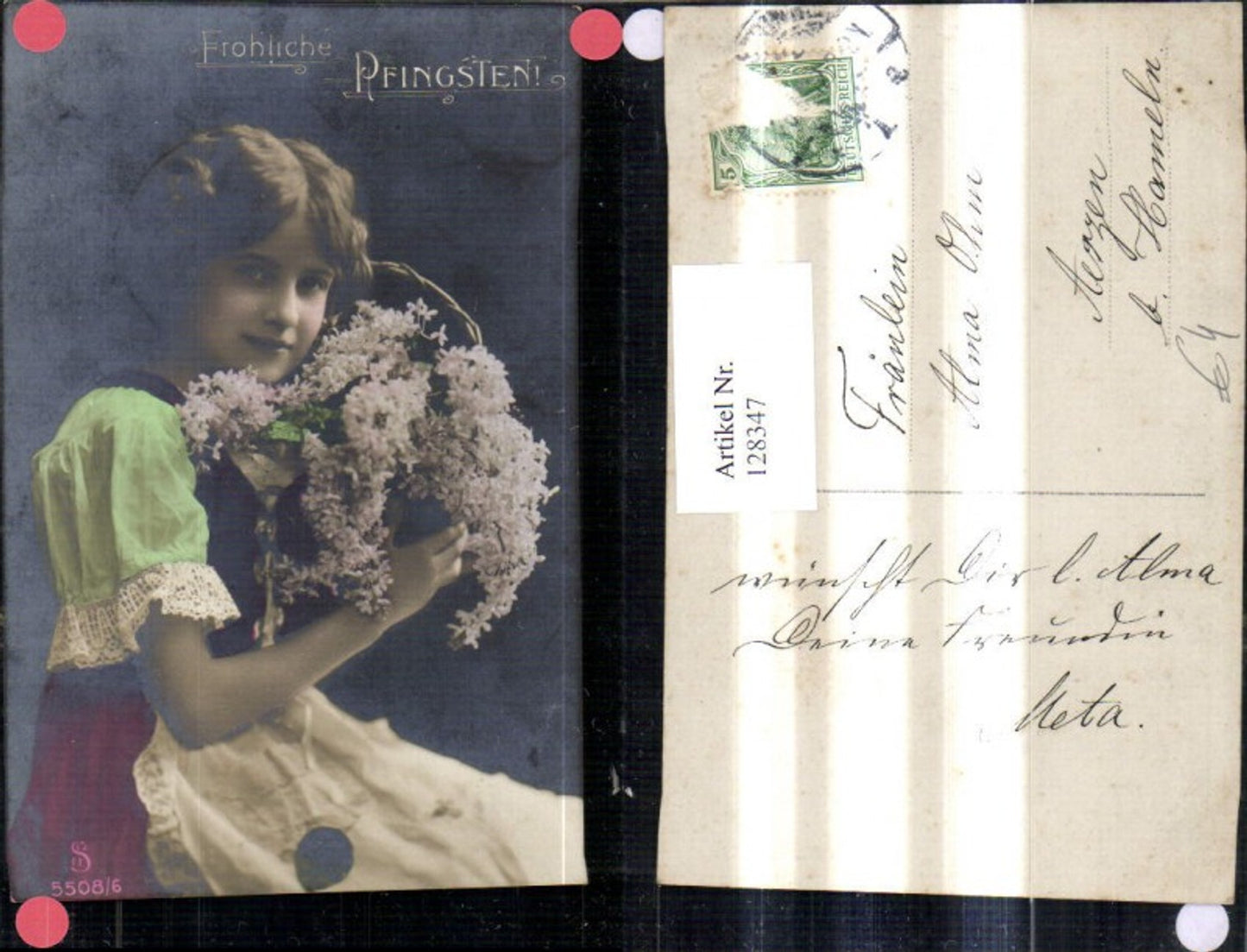 128347,Kind Mädchen i. Tracht Korb m. Blumen Fröhliche Pfingsten