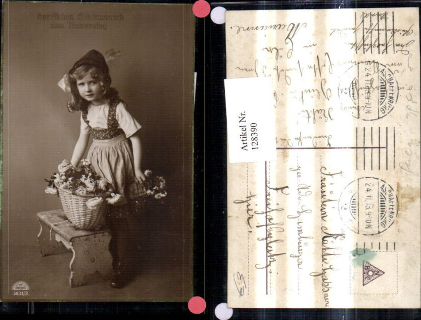 128390,Kind Mädchen i. Tracht Dirndl Hut Tiroler Hut Korb m. Blumen Hocker