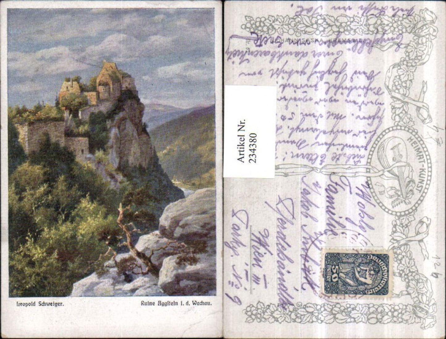 234380, Artist AK Leopold Schweiger, Aggstein Ruin in the Wachau