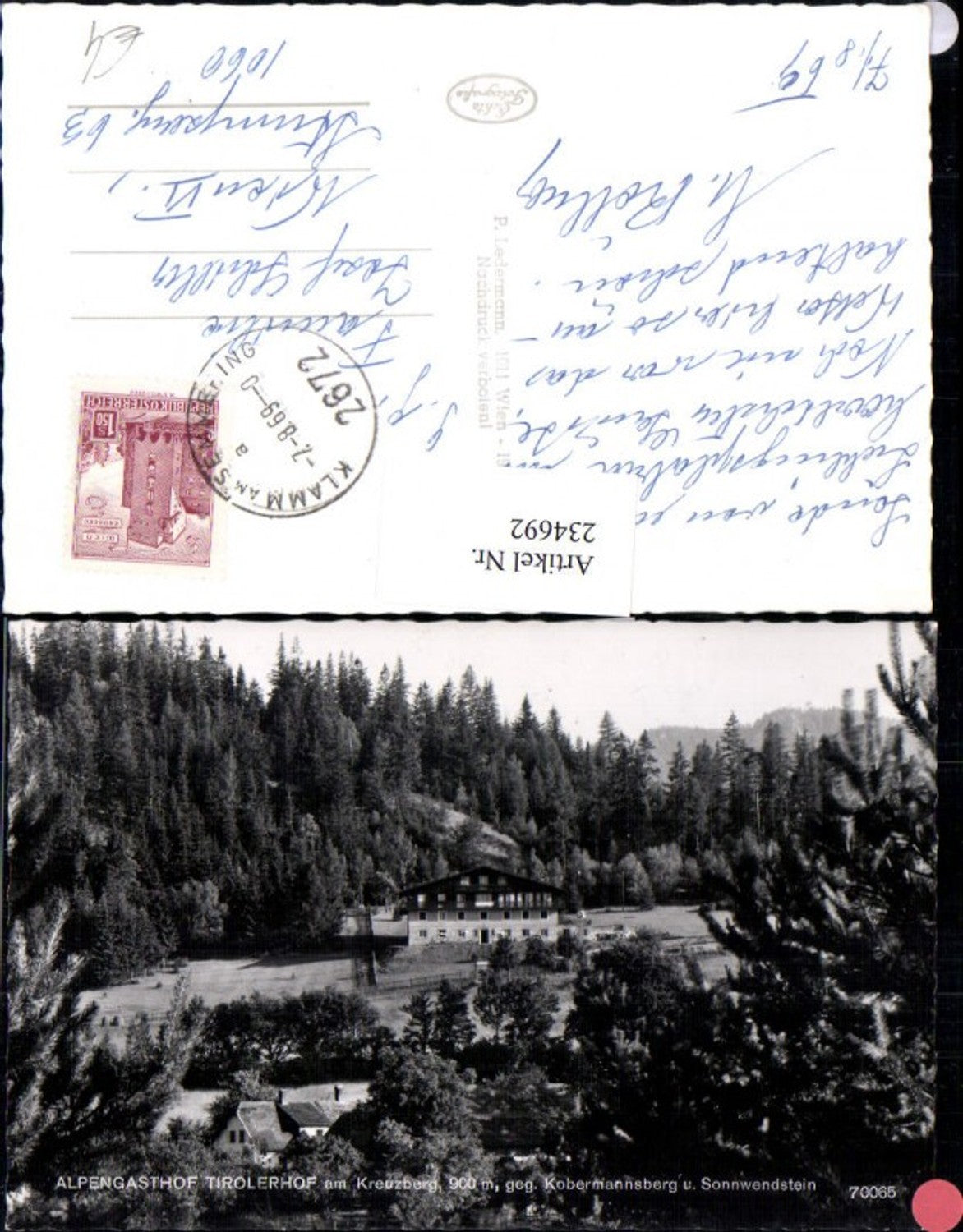 234692,Alpengasthof Tirolerhof am Kreuzberg geg. Kobermannsberg u. Sonnwendstein