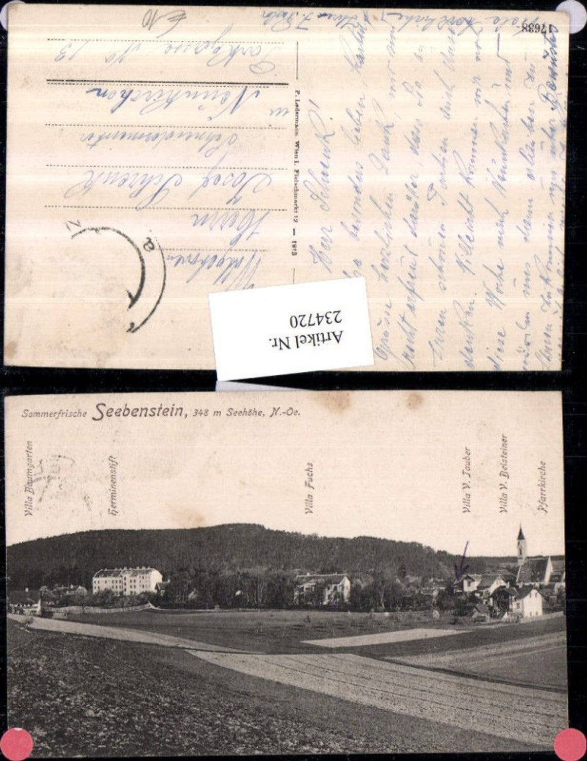 234720,Seebenstein Teilansicht Villen Baumgarten Fuchs Tauber Beisteiner Kirche u. Herminenstift