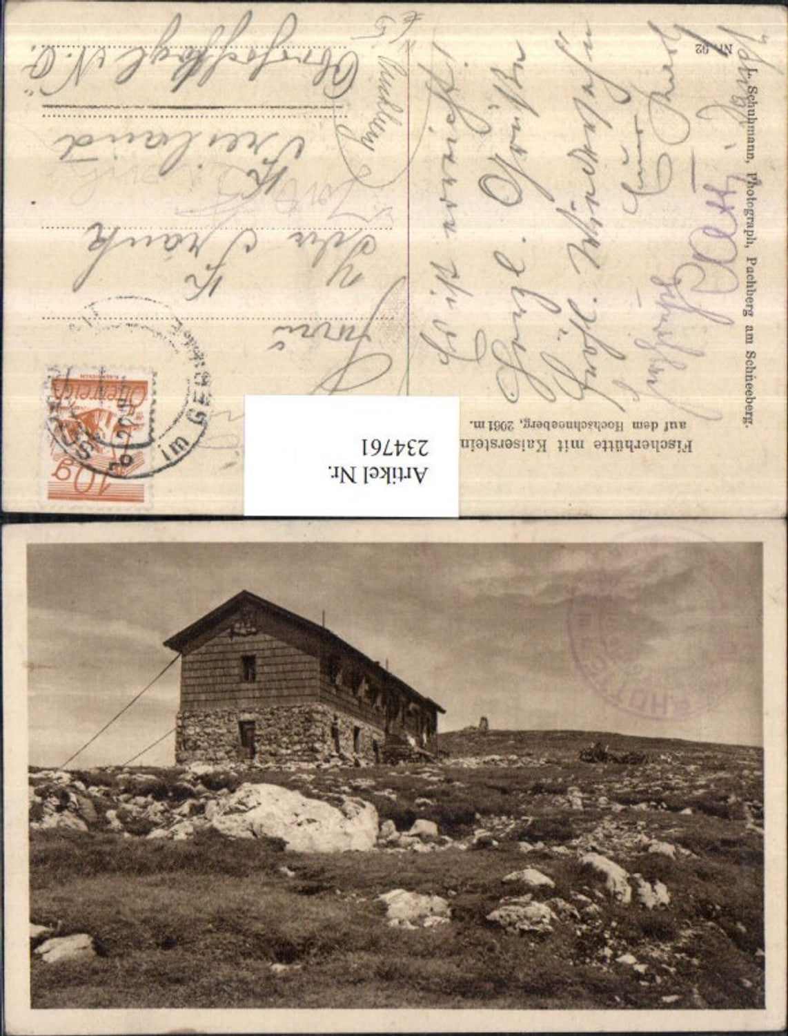 234761,Fischerhütte Berghütte m. Kaiserstein auf d. Hochschneeberg b. Puchberg