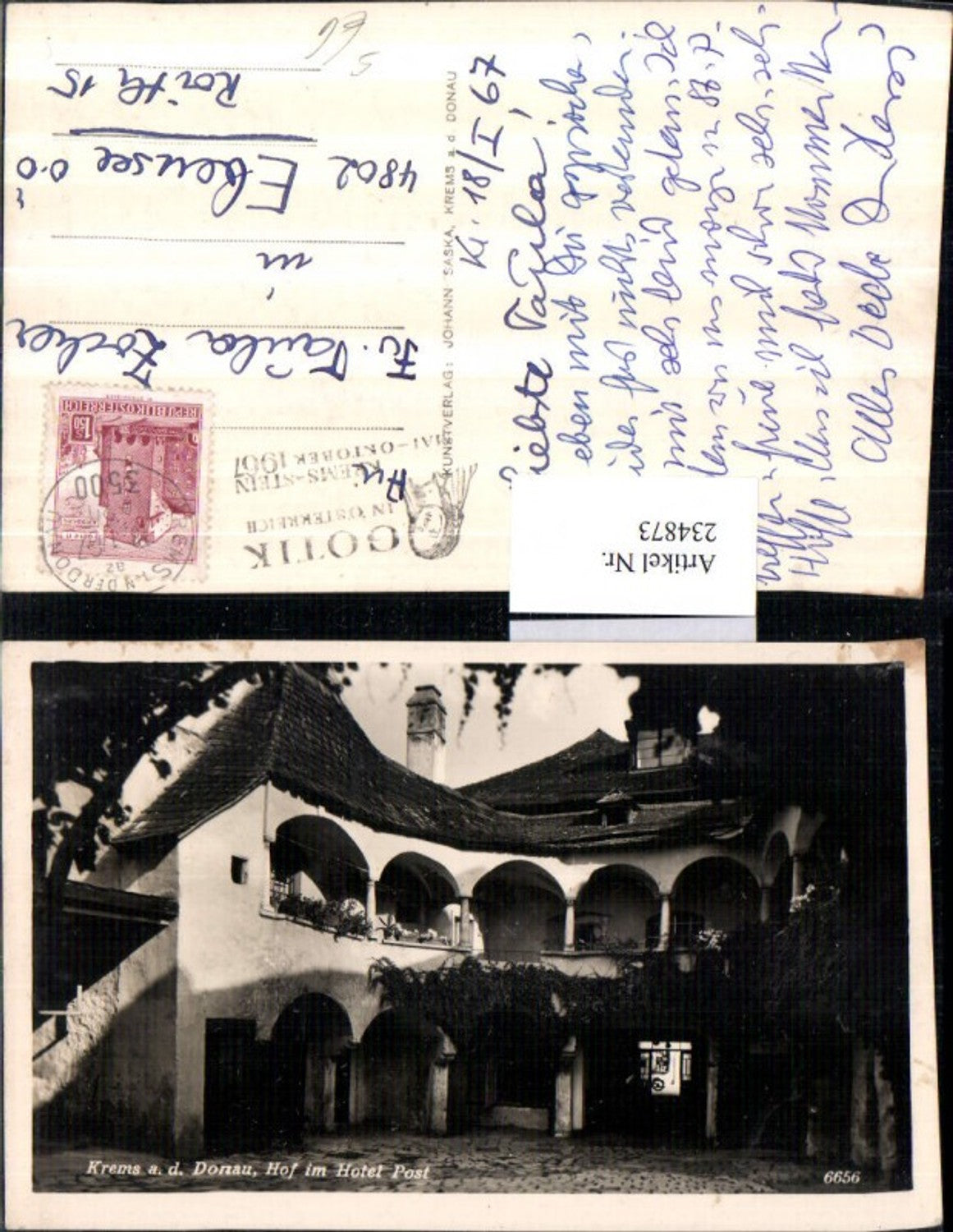 234873,Krems an d. Donau Hof im Hotel Post Gotik in Österreich Krems-Stein 1967 Stempel