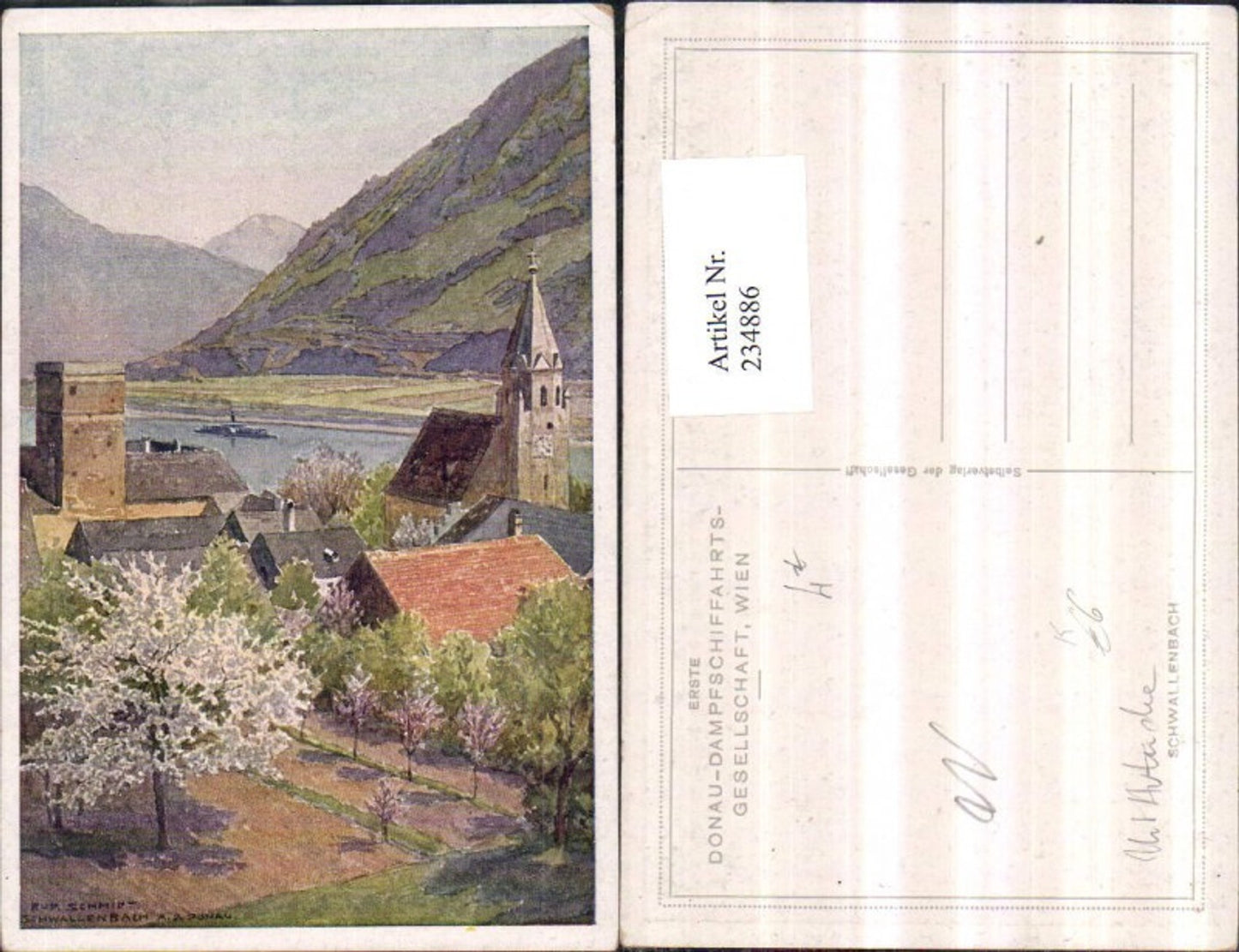 234886,Künstler AK Rud. Schmidt Schwallenbach an d. Donau Teilansicht