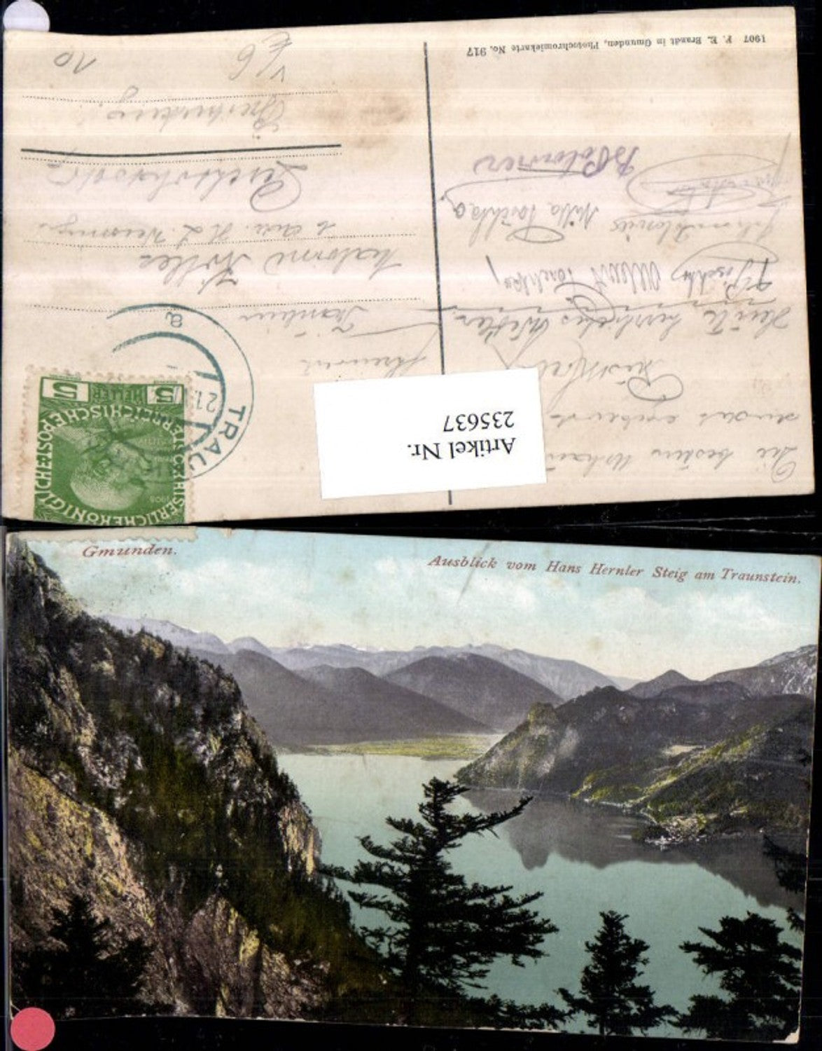 235637,Gmunden Ausblick v. Hans Hernler Steig am Traunstein pub F. E. Brandt 917