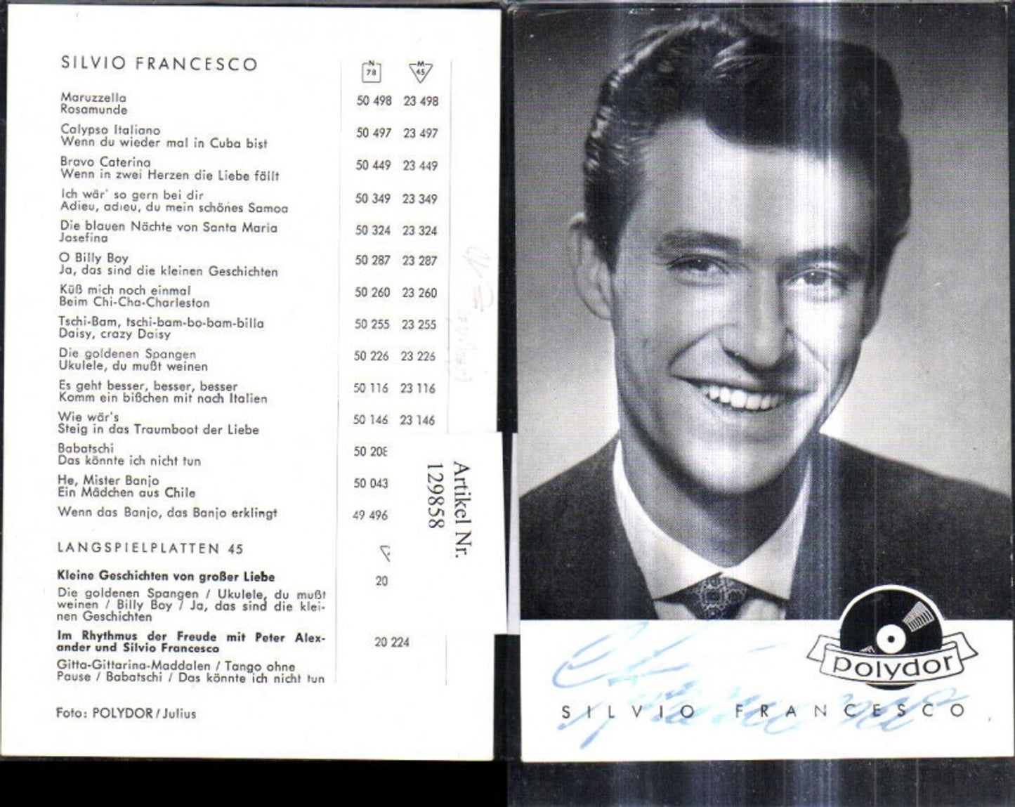 129858,Silvio Francesco Sänger Schauspieler Autogramm pub Polydor