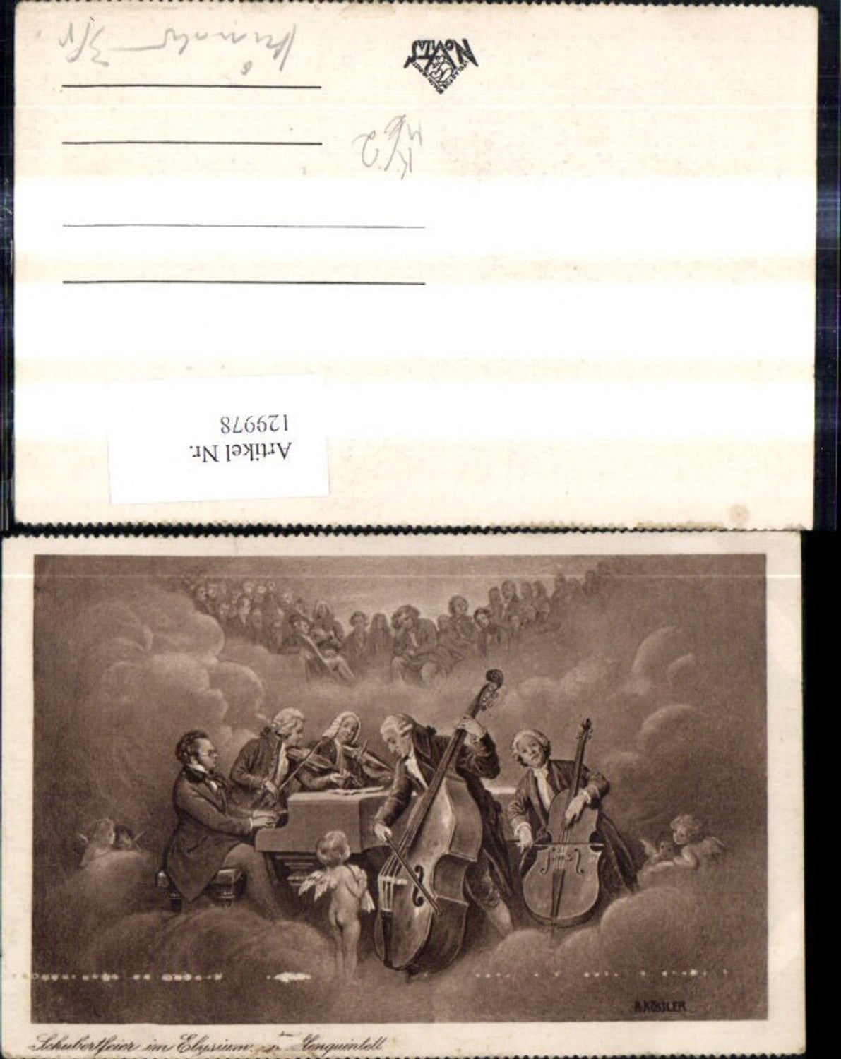 129978,Künstler Ak R. Kössler Franz Schubert Schubertfeier i. Elysium Engel Komponist