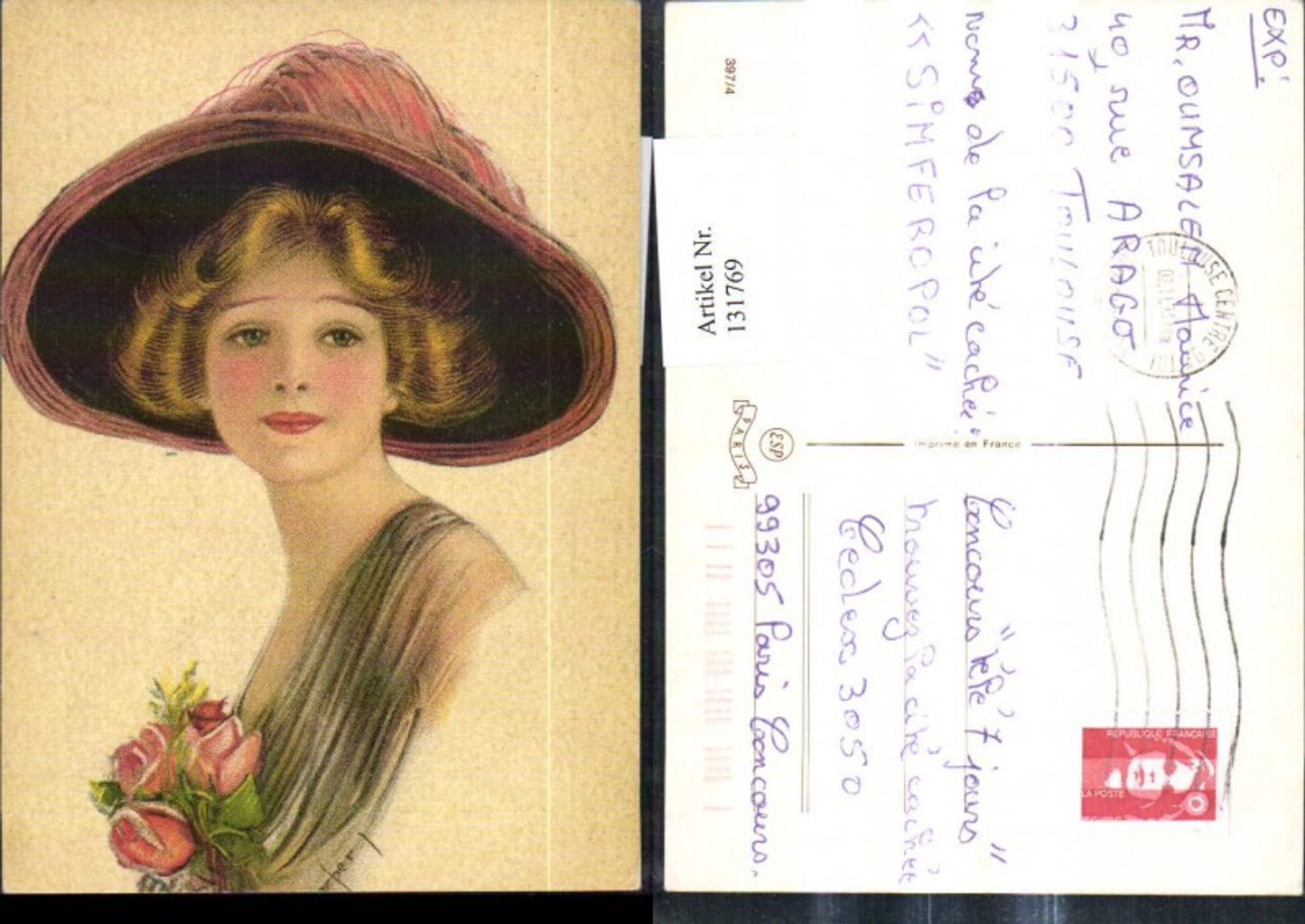 131769,Repro Jugendstil Frau Hut m. Feder Rosen a. Kleid