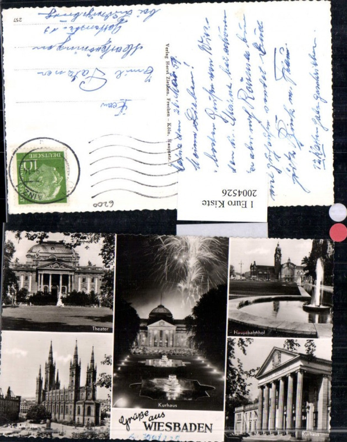 2004526,Wiesbaden Kurhaus Theater Hauptbahnhof Marktkirche Feuerwerk Mehrbildkarte