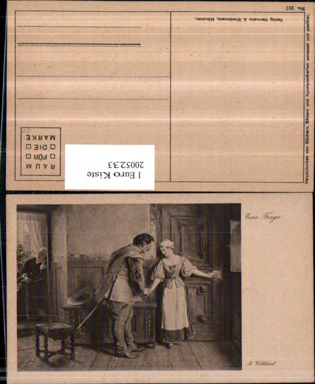 2005233,Künstler AK M. Volkhart Eine Frage Frau u. Mann Schwert Hut