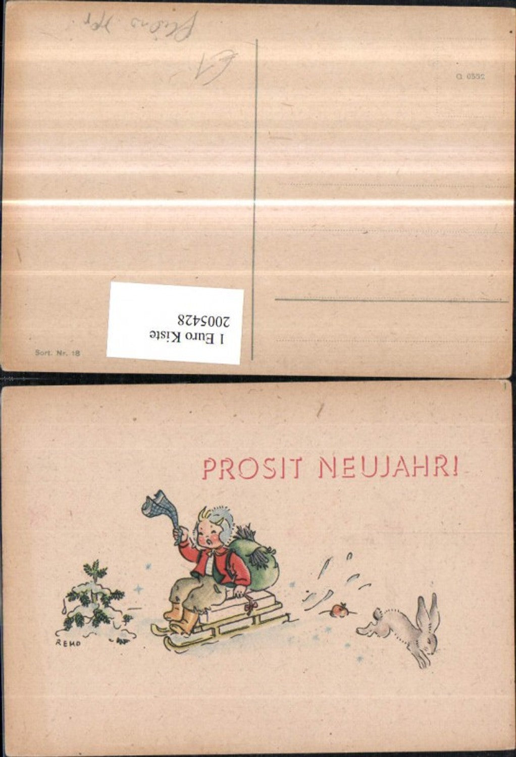 2005428,Künstler AK Neujahr Junge m. Schlitten Geschenk Hase