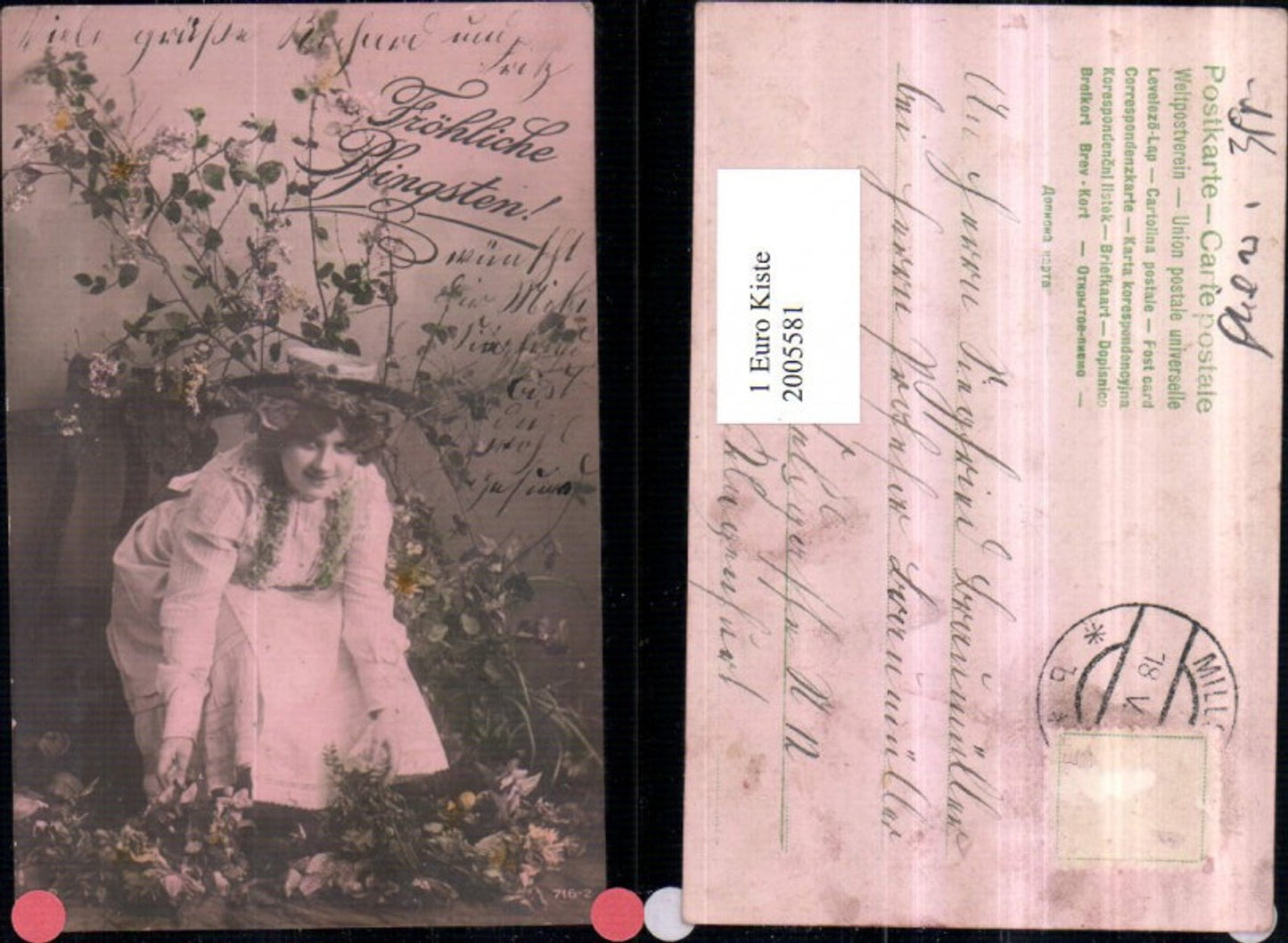 2005581,Pfingsten Frau m. Hut Blumen Zweige