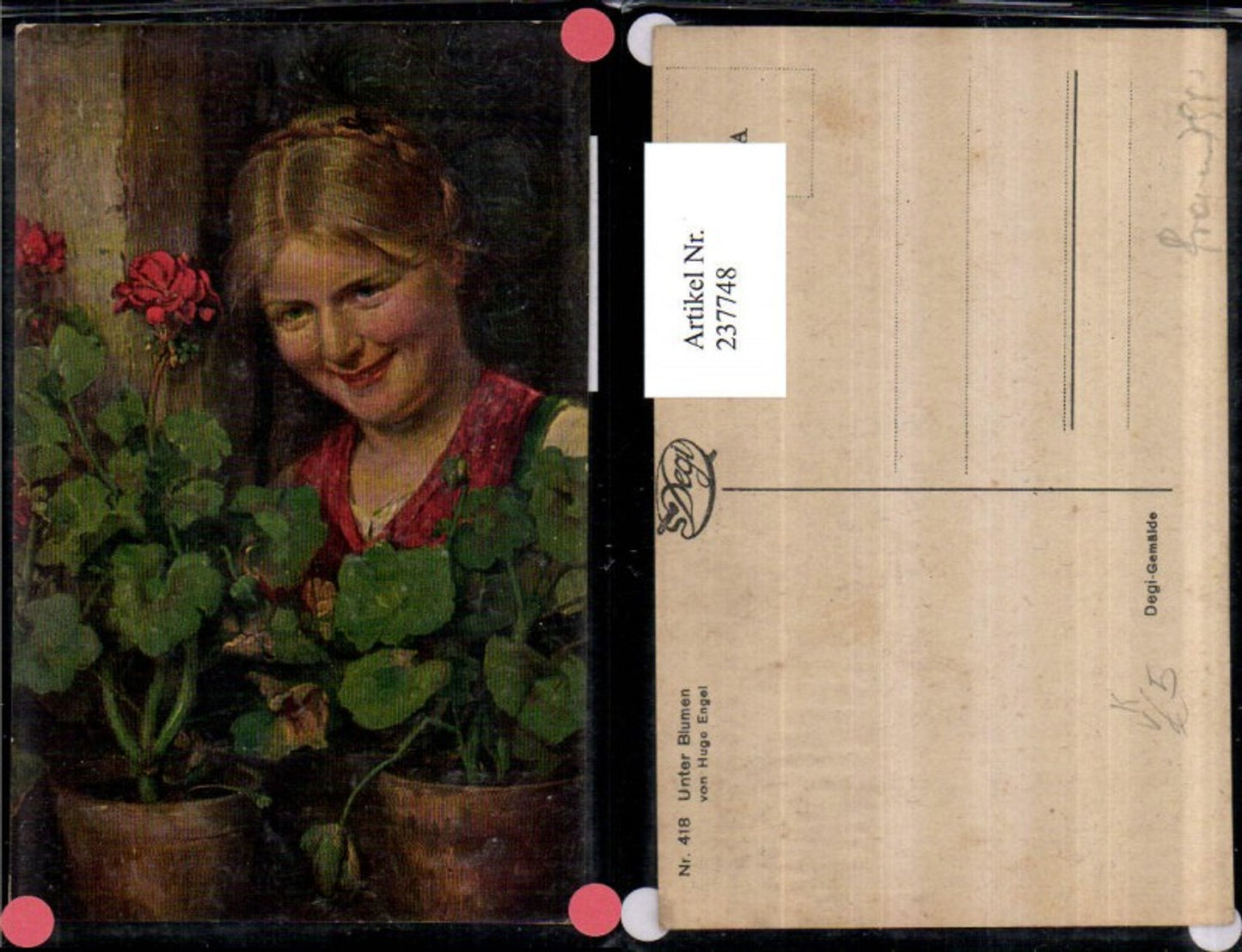 237748,Degi AK 418 Künstler Hugo Engel Unter Blumen Frau Portrait Blumenstock
