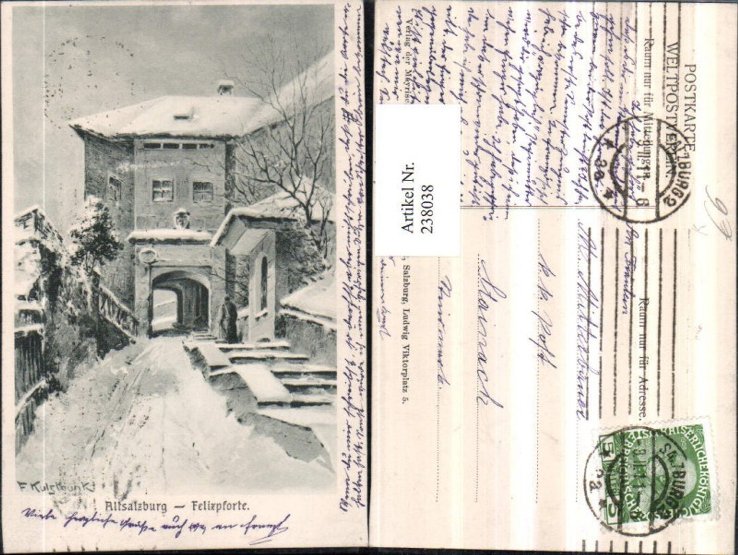 238038,Künstler AK F. Kulstrunk Salzburg Felixpforte Winterbild