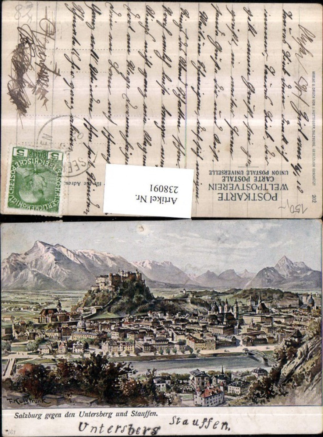 238091,Künstler AK F. Kulstrunk Salzburg Totale geg. d. Untersberg u. Stauffen
