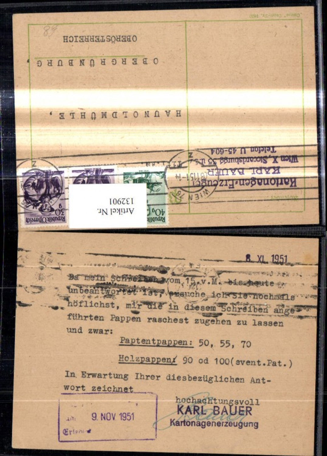 132901,Reklame Geschäftspostkarte Kartonagen Erzeuger Karl Bauer Haunoldmhühle