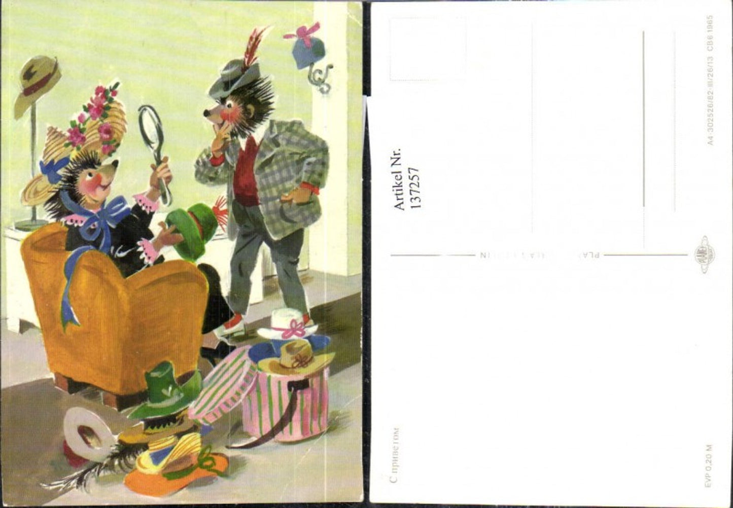 137257,Igel Frau u. Mann b. Hutkauf Hut Spiegel