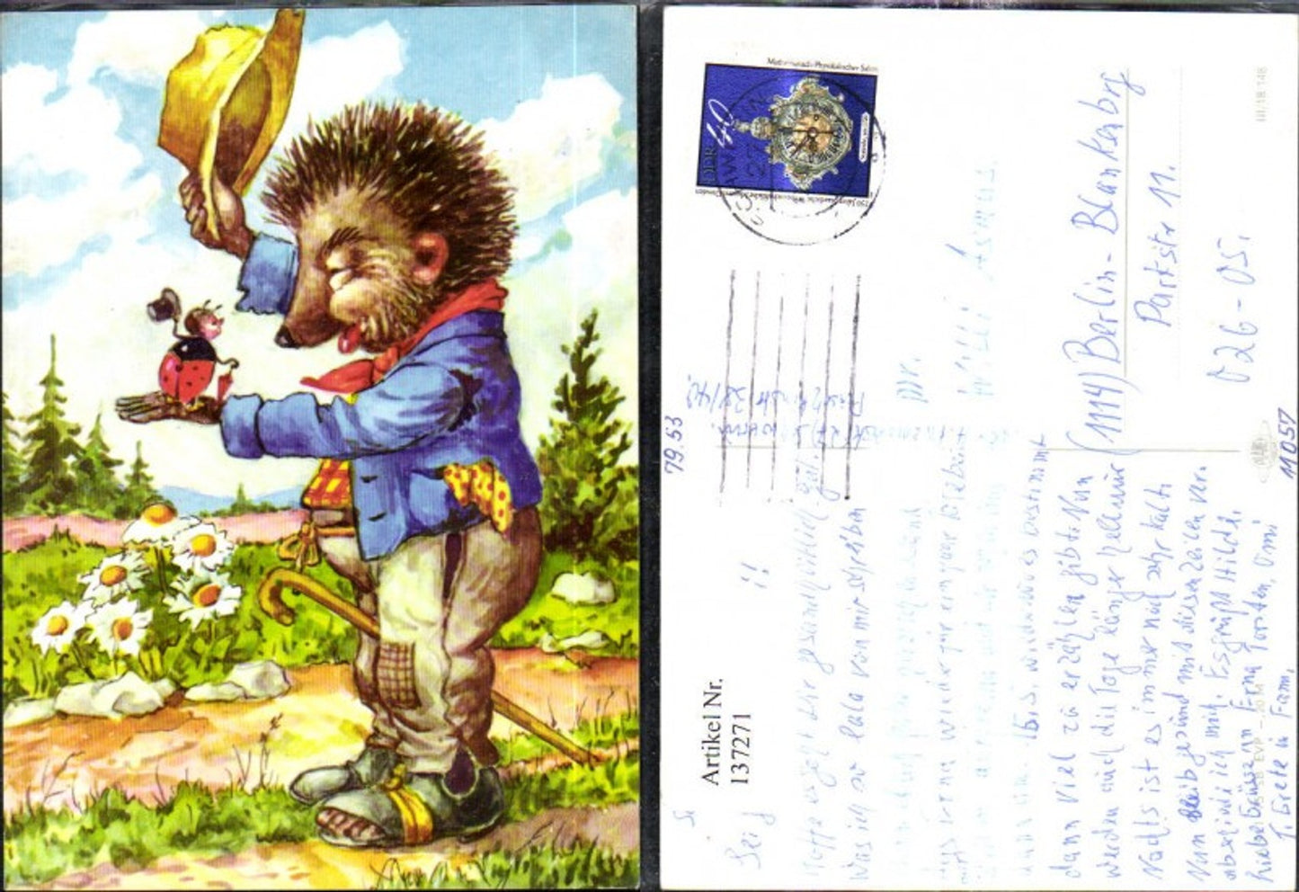 137271,Igel Mann m. Marienkäfer a. Hand Hut Zylinder Gruß