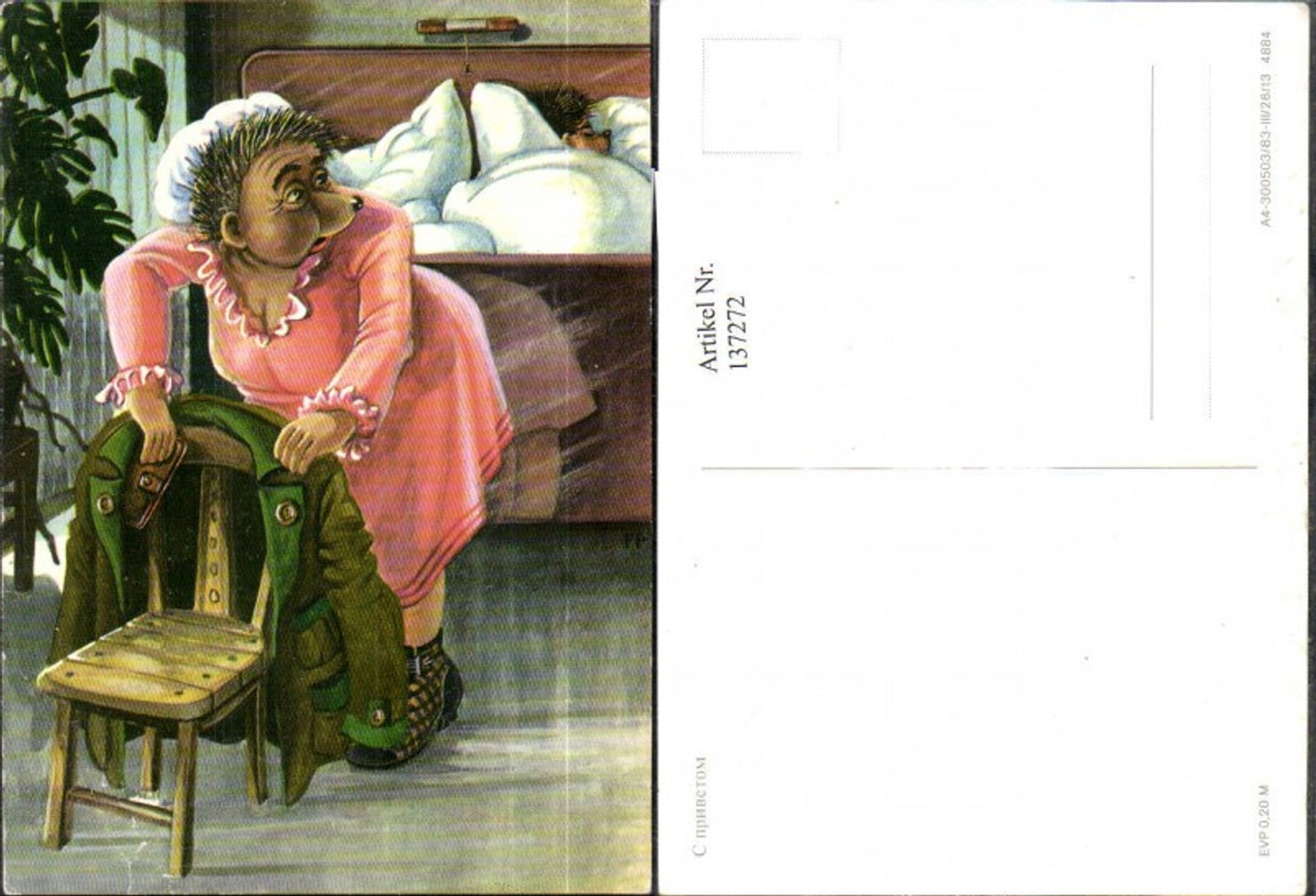 137272,Igel Frau nimmt Brieftasche a. Jacke Mann i. Bett