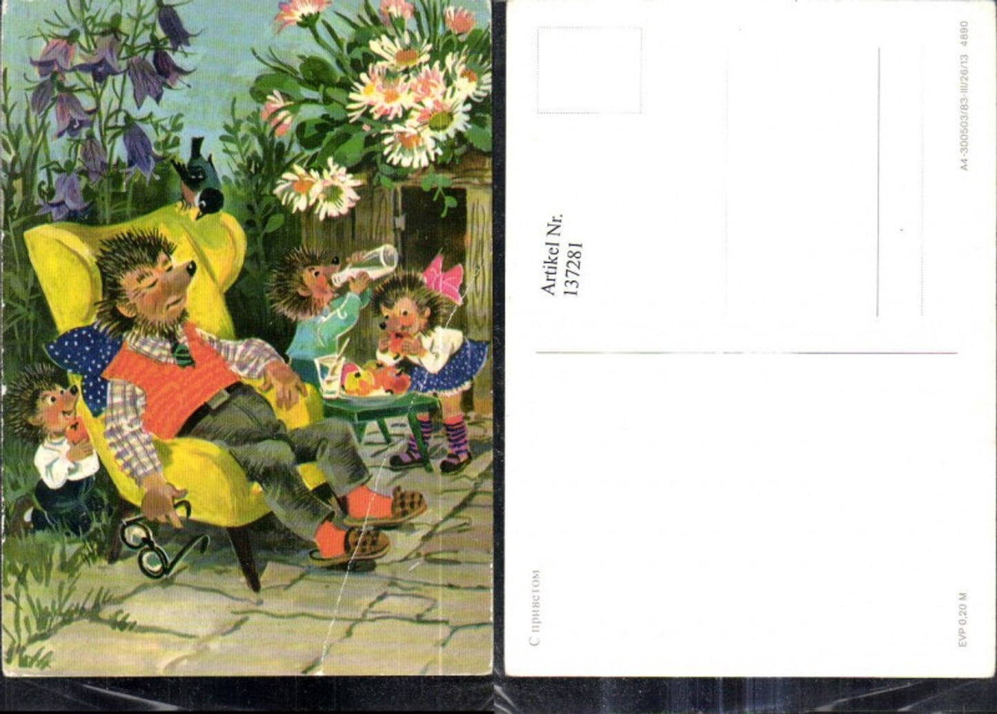 137281,Igel Mann schläft i. Garten Kinder essen u. trinken seine Jause Streich