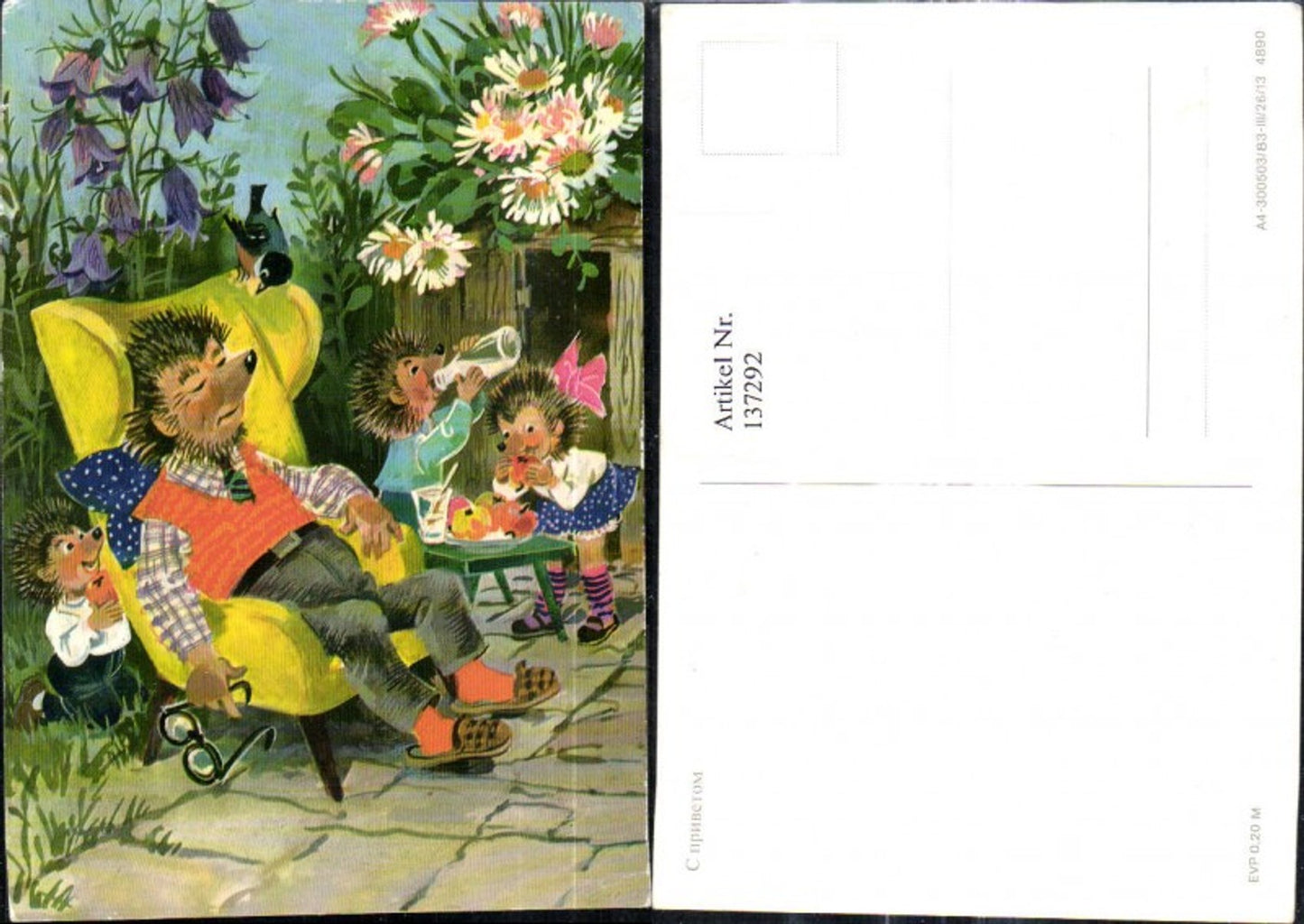 137292,Igel Mann schläft i. Garten Kinder essen u. trinken seine Jause Streich