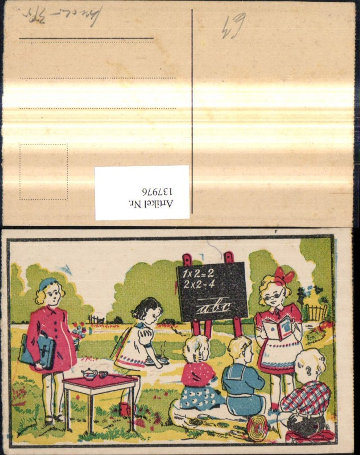 137976,Künstler Ak Kinder Schule Tafel a. Wiese Tee Teekanne