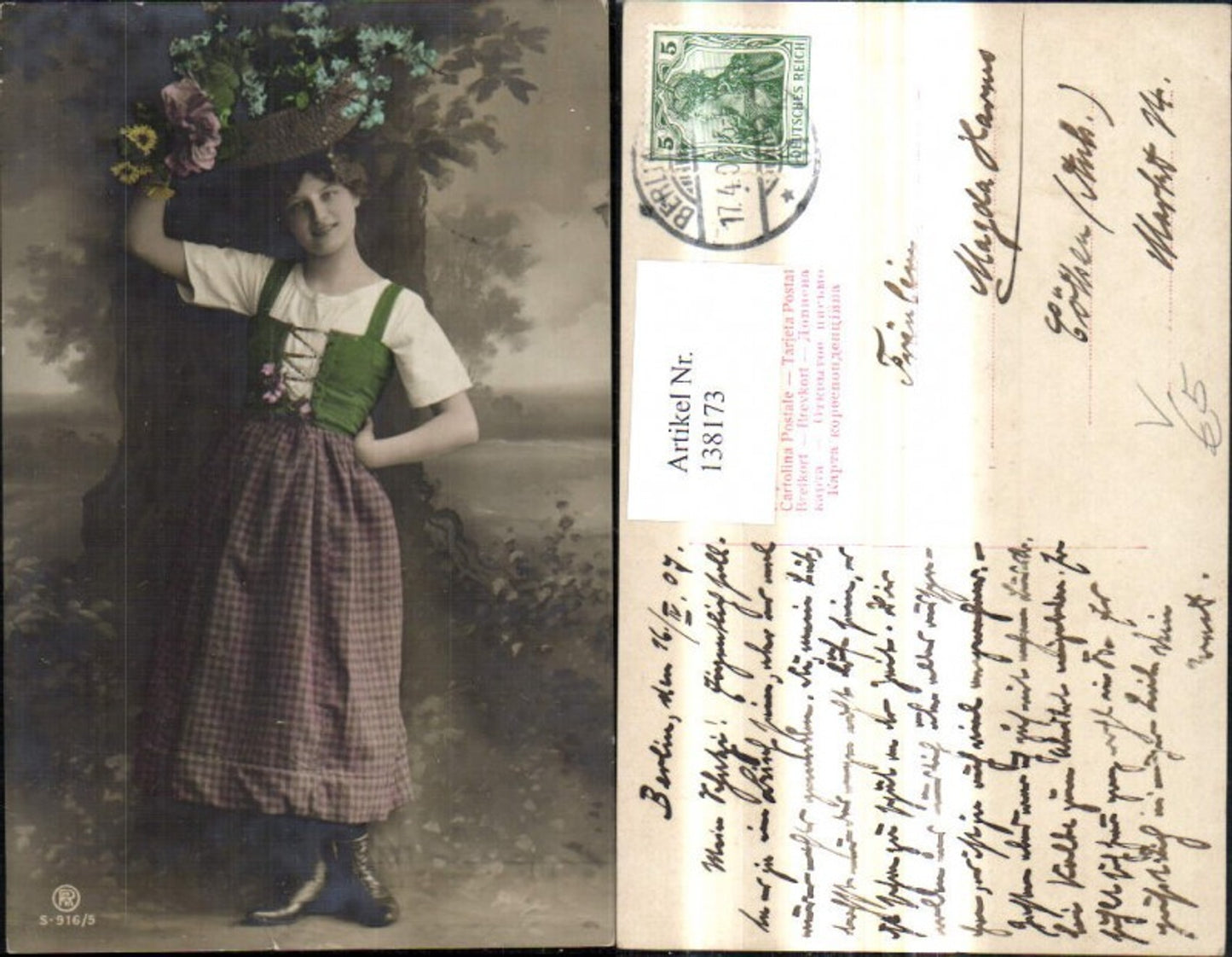 138173,Frau Tracht Dirndl m. Korb Blumen a. Kopf pub RPH S 916/5