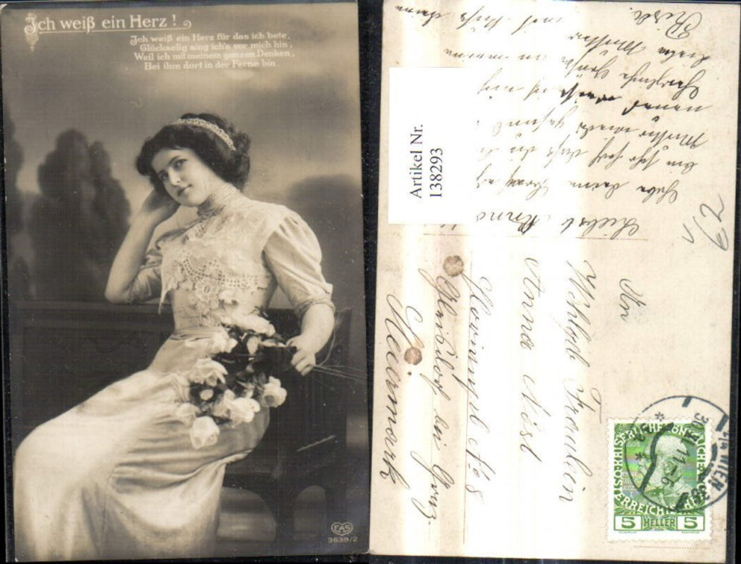 138293,Frau Kleid Haarband Haarschmuck Rosen Blumen Strauß Spruch Text pub EAS 3639/2