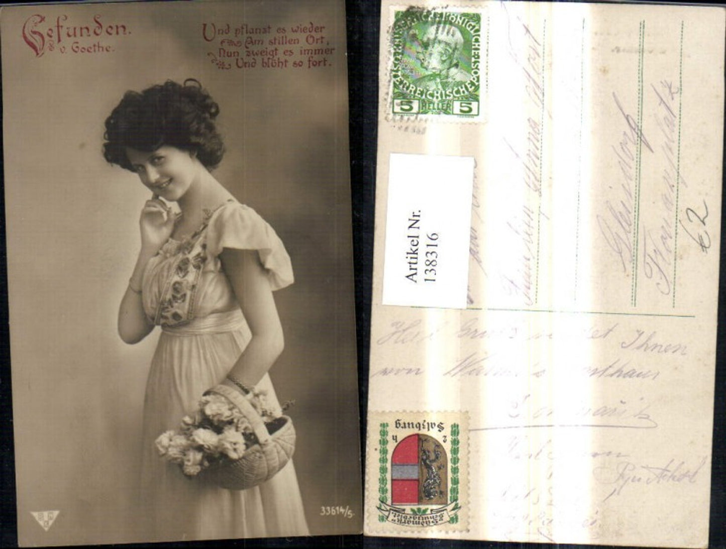138316,Frau Kleid Korb m. Blumen Spruch Text Gefunden