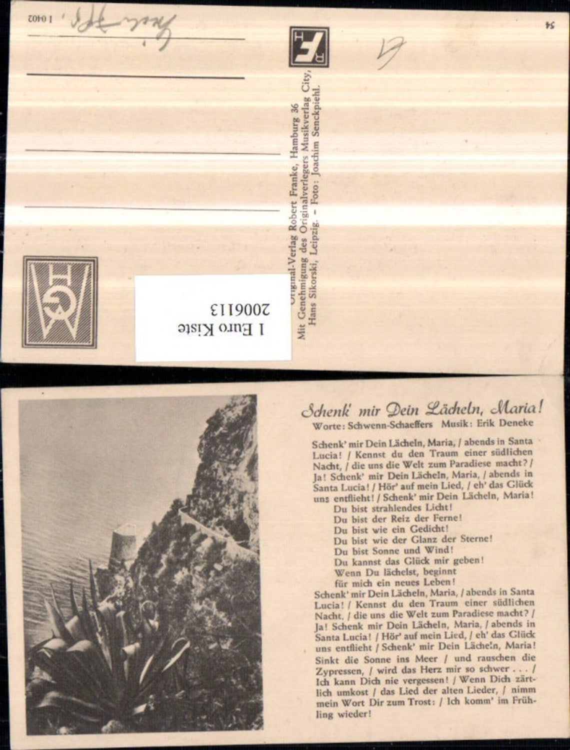 2006113,Liedkarte Schenk mir dein Lächeln Maria von Schwenn-Schaeffers u. Erik Deneke Partie Küste