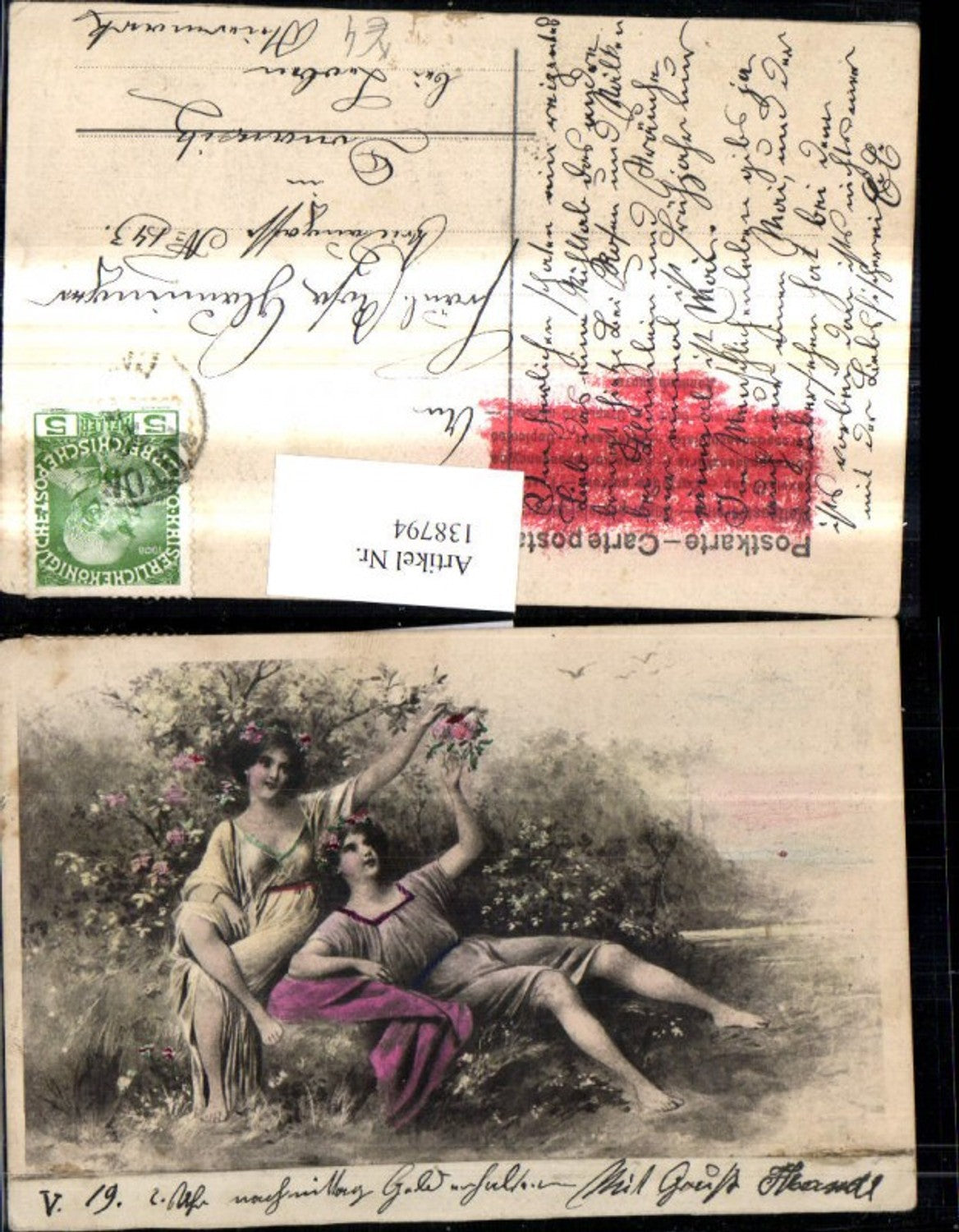 138794,Künstler Ak Frauen Blumen a. Ufer Blumen i. Haar