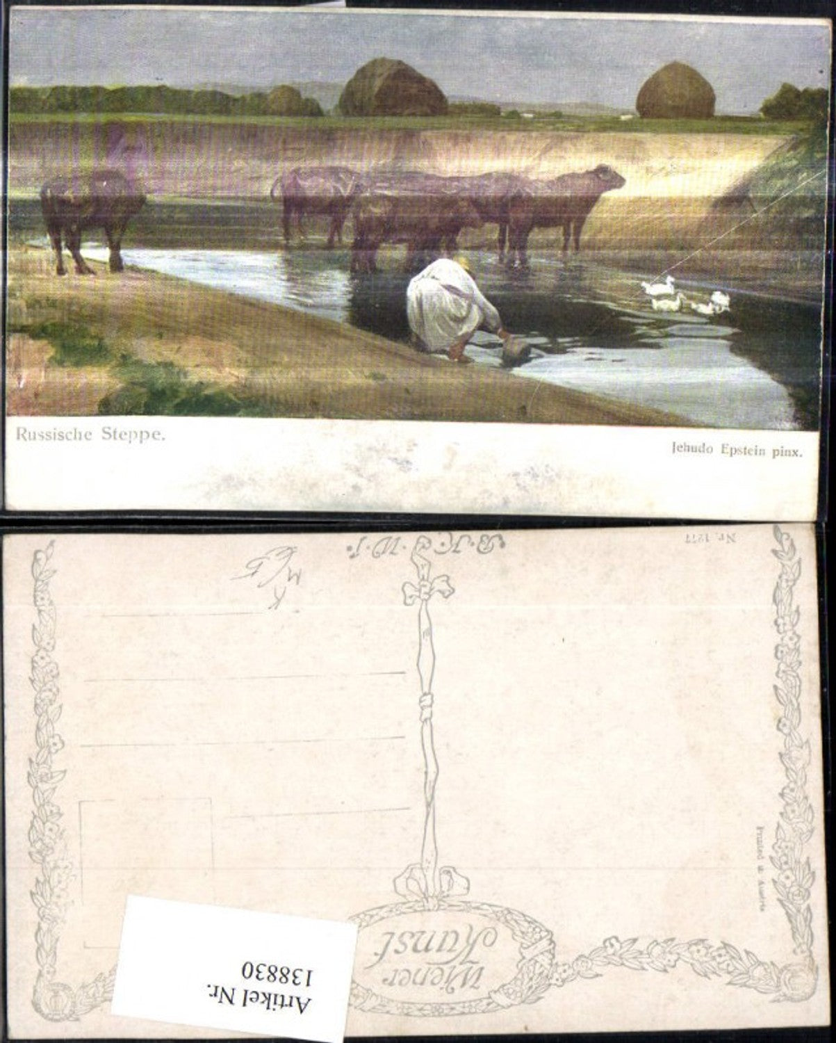 138830,Künstler Ak Jehudo Epstein Russische Steppe Rinder i. Wasserloch Enten Bauer